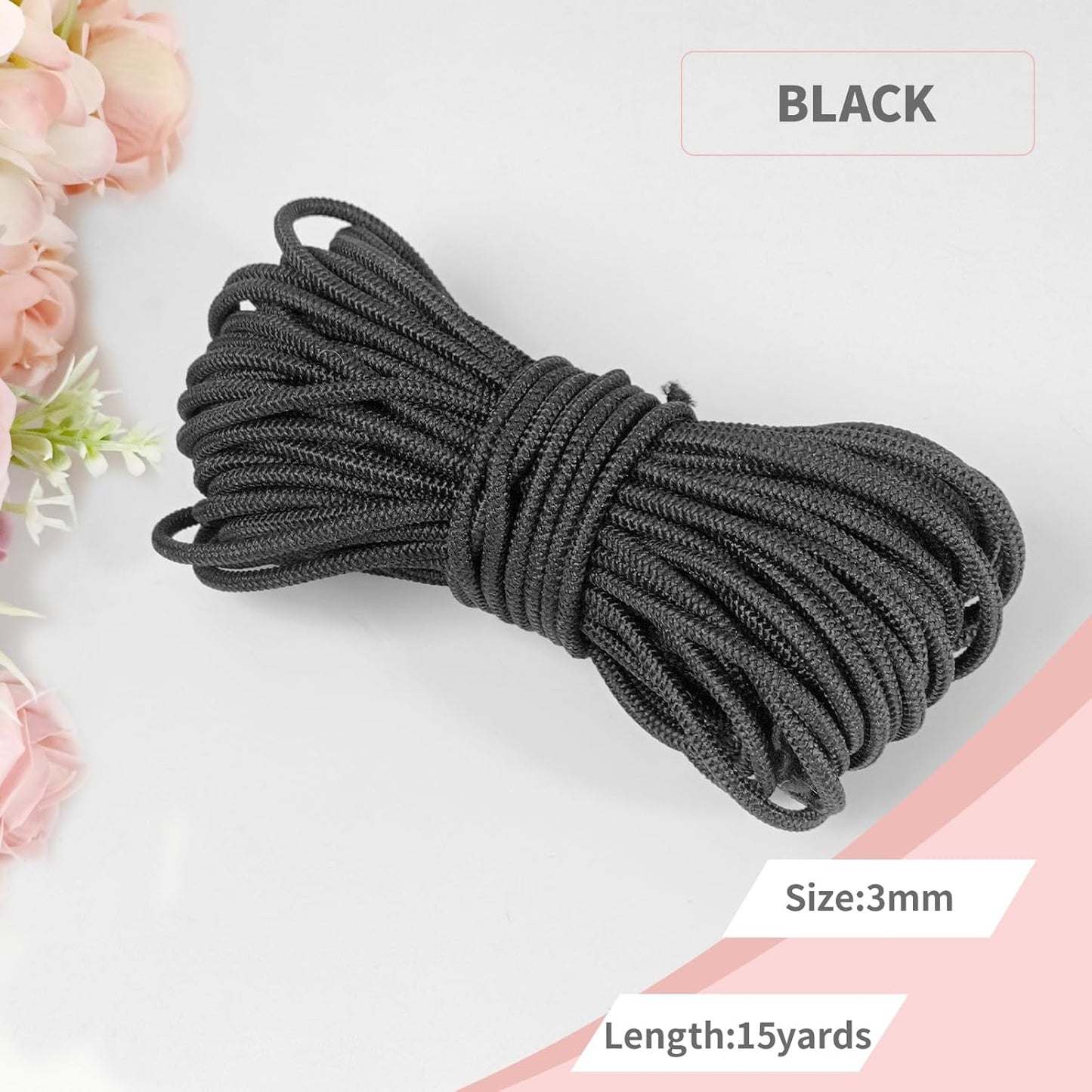 3mm Black Elastic Cord 45ft - 1/8 inch Strong No-Slip Bungee String for Crafts, DIY Projects, Kayak Tie Downs, Camping Gear, Sports Gear, DIY Crafts, Hair Bands, Sewing & Shoe Laces