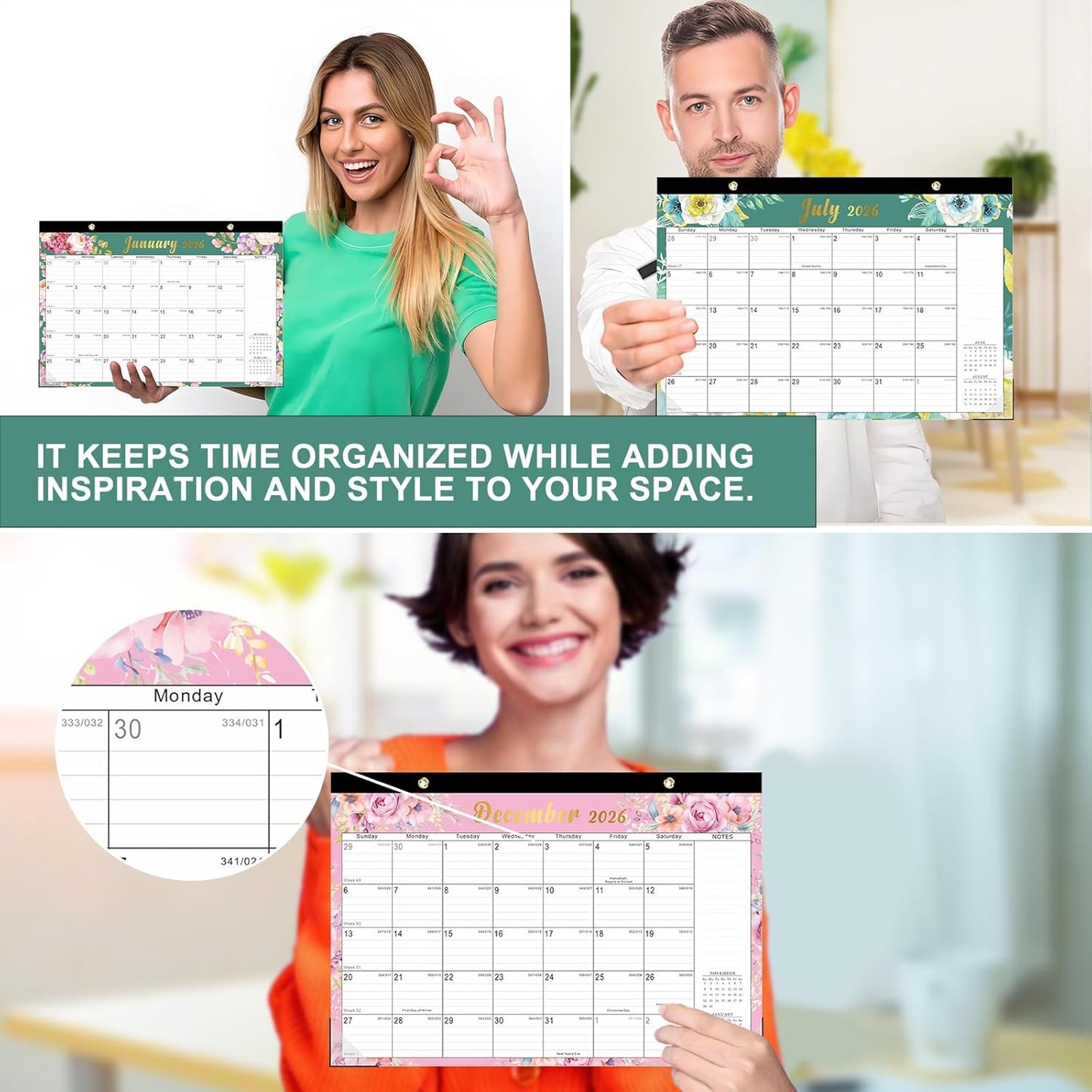 Lbylyhxc Desk Calendar 2026-2027, 18-Month School Year Calendar 2026-2027, January 2026 to June 2027, Large Desktop Calendar Monthly for Teacher with Corner Protectors 17" X 12" (Flowers Desk Calendar, 17x12 inches)