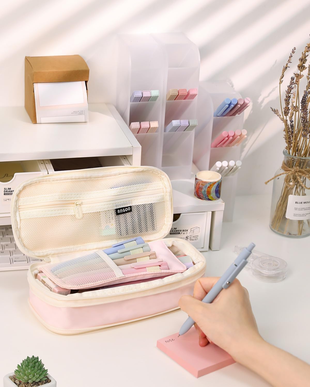 SKYDUE Cute School Supplies 44 PCS, Aesthetic Pencil Case with 12 Pastel Highlighters, 5 Black Gel Pens, 6 Color Gel Pens & Mechanical Pencils, College Essentials Students Stationary Set Pink