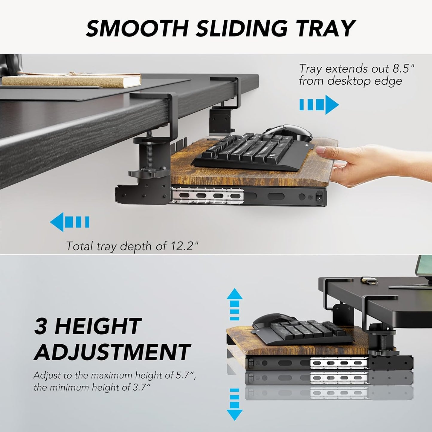 Keyboard Tray Under Desk Pull Out with Extra Sturdy C Clamp Mount System, 27.3 (32.5 inch Including Clamps) x 11 Inch Slide-Out Platform Computer Drawer for Typing Vintage AX01WG02