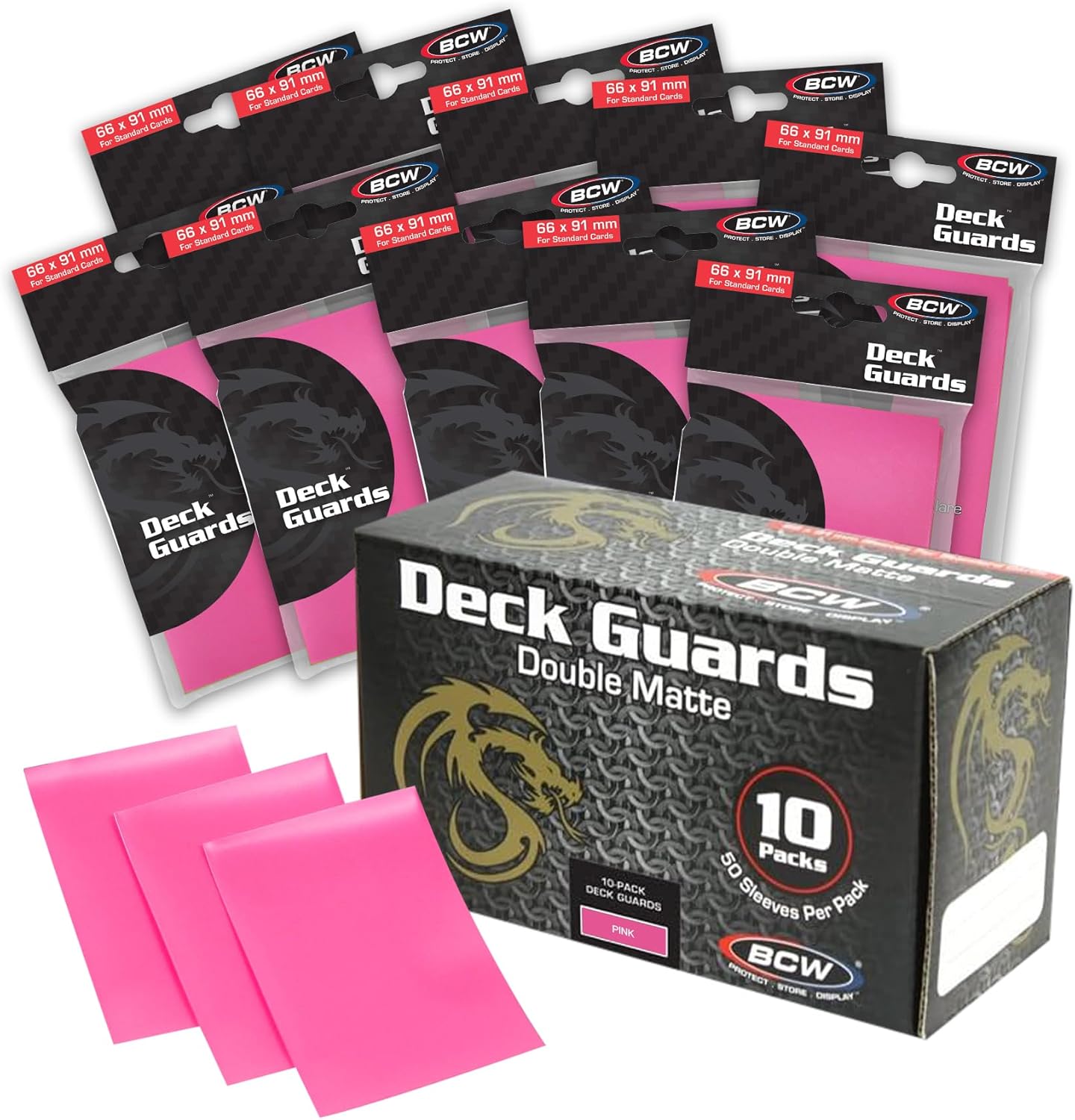 BCW Deck Guard - Double Matte Card Sleeves | 500 Count Box (10 Packs of 50 Sleeves) |Acid-Free, No PVC | Fits 2.5" x 3.5" Game Cards | Archival Safe Sleeves for Card Protection (Pink)