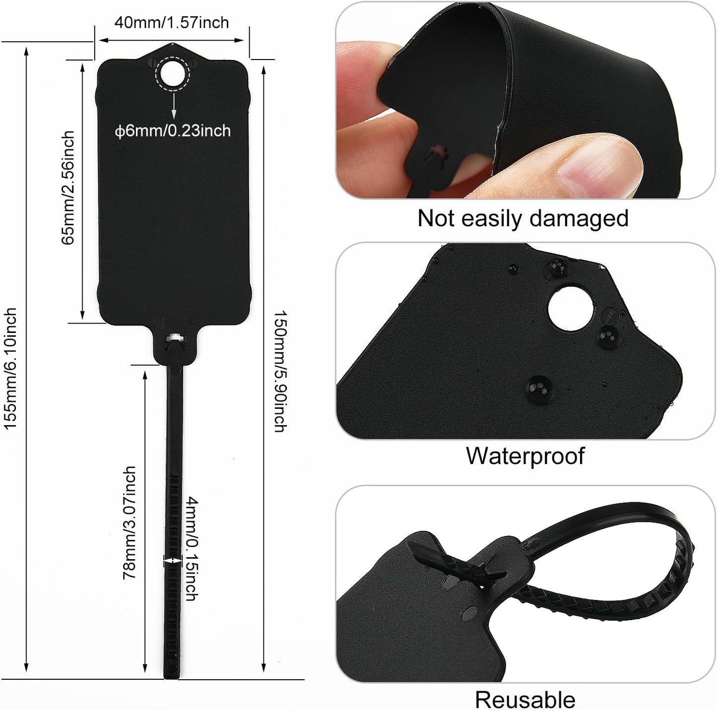 100pcs Blank Plastic Tags for Labeling Reusable Hanging Tags Ties Key Tag Storage Tag Waterproof Plastic Mark Label Writable Hang Sign with One Marker Pen (Black)