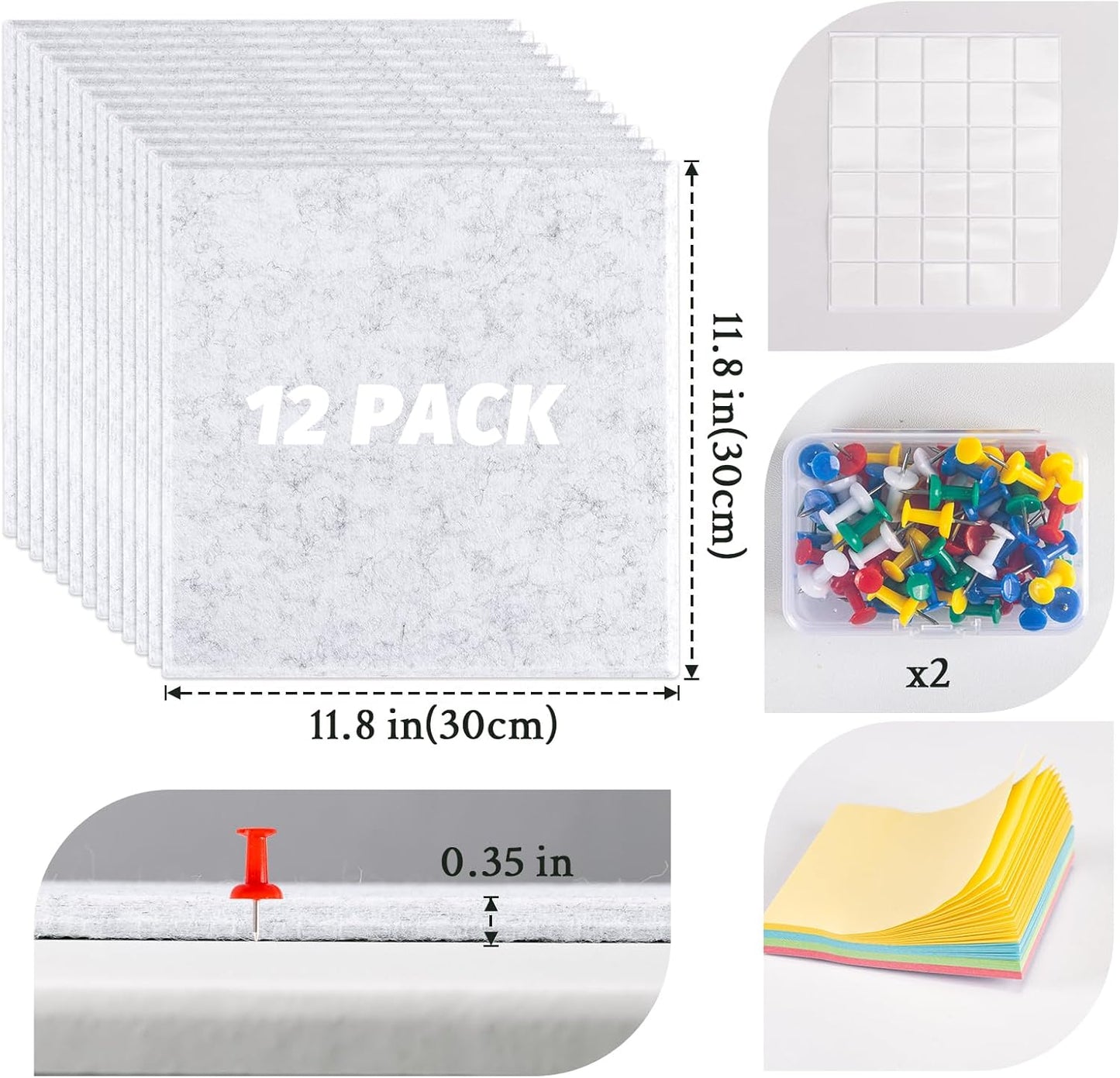 Large Cork Board Alternative, 12 Pack Felt Board with Safe Removable Adhesive Tabs Felt Wall Tiles, Large Cork Boards for Walls, Cork Board for Home Office, Pin Boards for Walls, Marble White