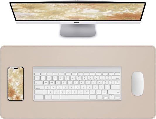 Desk Pad Mat 23.6"x13.7" - Waterproof Mouse Pad & Desk Protector, Non-Slip PU Leather for Gaming Keyboard/Mouse, Stitched Edge XL Office Desk Pad with Ergonomic Support(Beige)