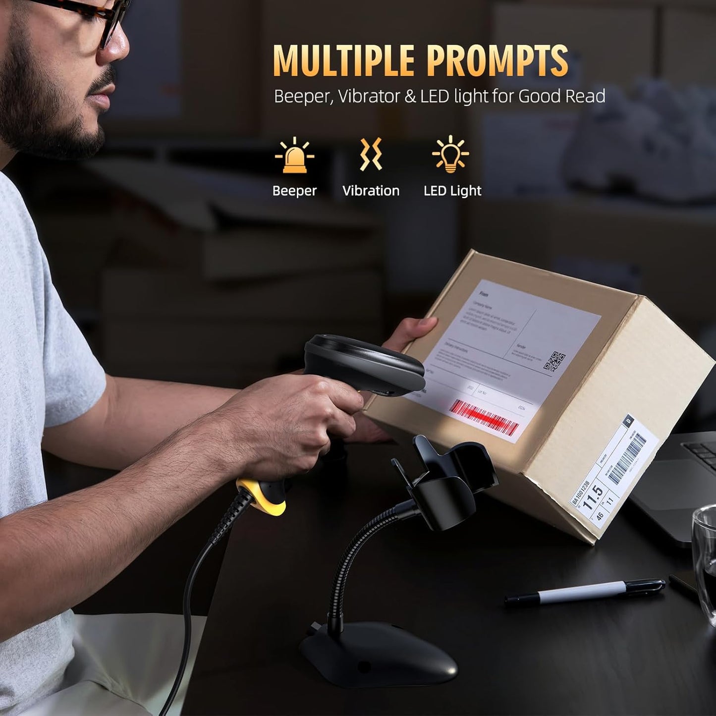 TEEMI 2D Barcode Scanner with Smart Stand USB Wired Handheld Automatic QR Data Matrix PDF417 OCR bar Codes Imager Global Shutter Computer Screen Scan for Windows Mac and Linux PC POS, Stand Included