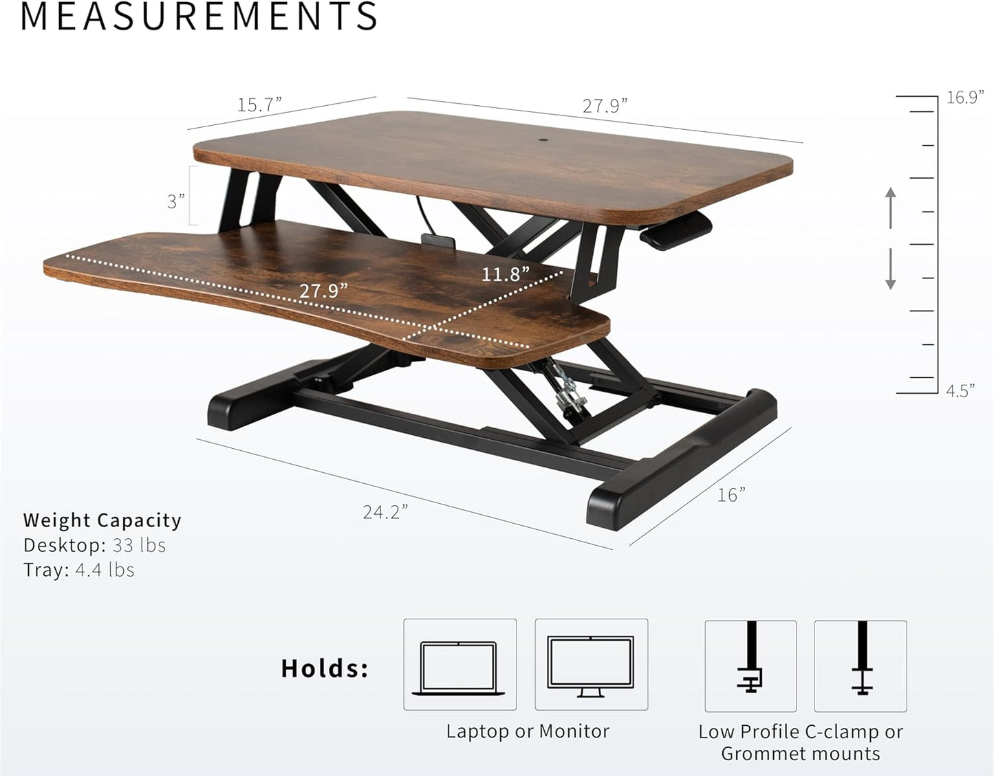 VIVO 28 inch Desk Converter, K Series, Height Adjustable Sit to Stand Riser, Dual Monitor and Laptop Workstation with Keyboard Tray, Rustic Vintage Brown Top, Black Frame, DESK-V028KN