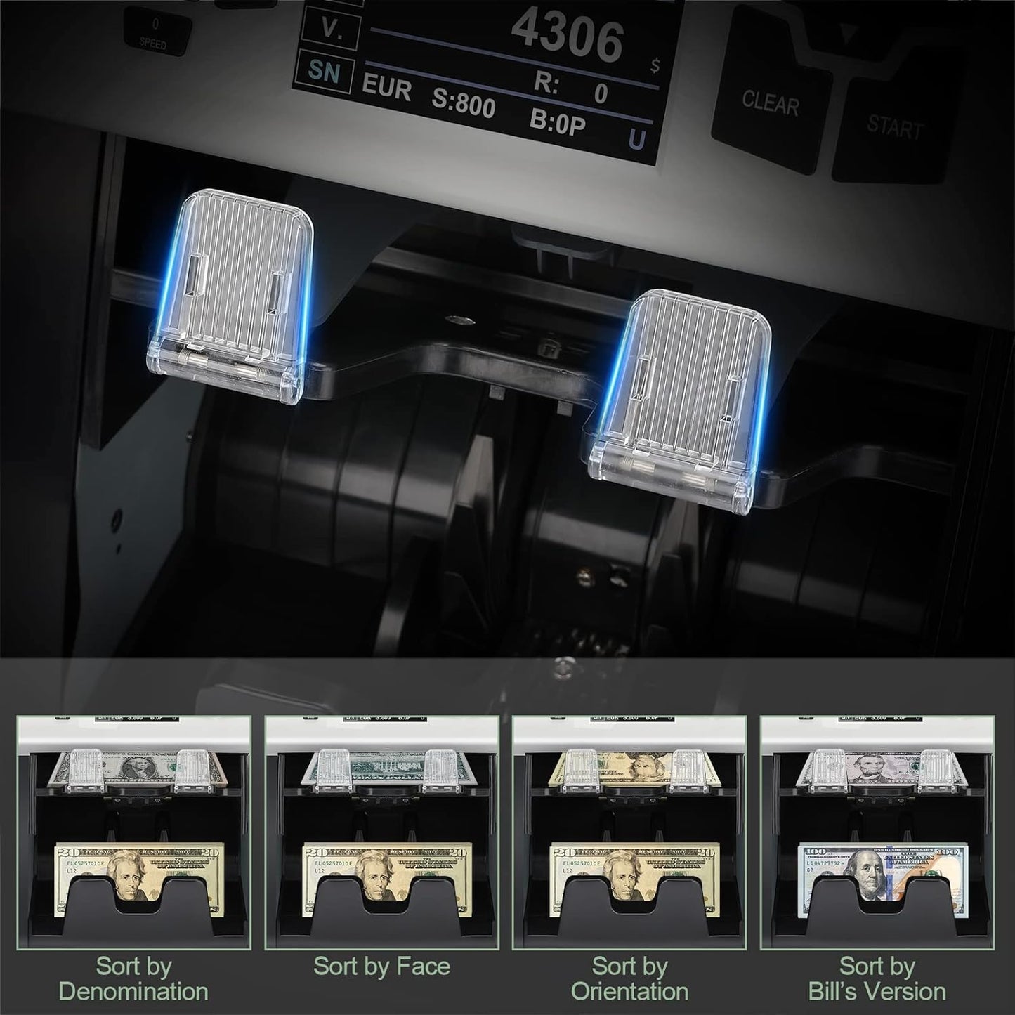 S75 Bill Counter and Sorter, Money Counter Machine Mixed Denomination, Two Pockets Cash Value Counter, Counterfeit Detection 2 CIS/UV/MG/IR, Serial Number, Multi Currency,2Yr Warranty