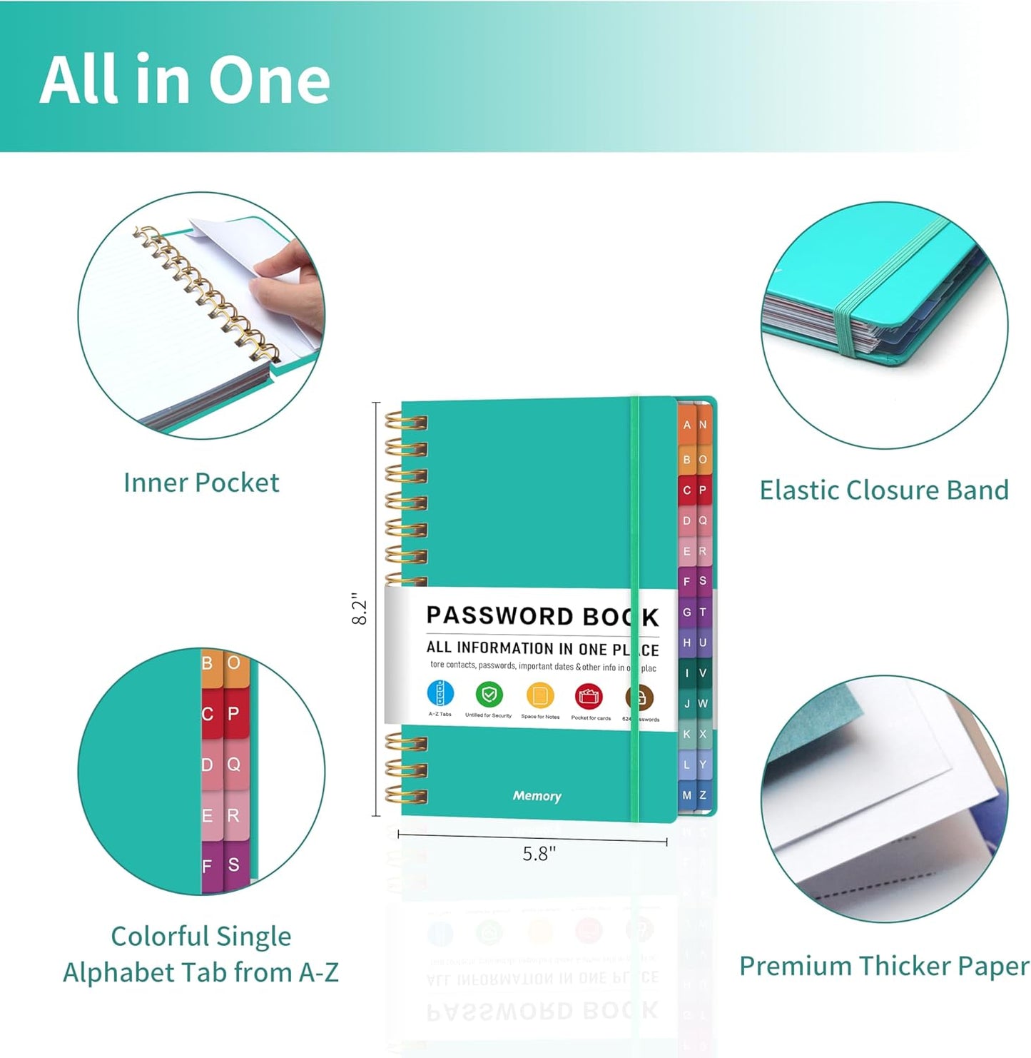 Spiral Password Book with Alphabetical Tabs - 5.8" X 8.2" Small Password Keeper Book with Inner Pocket for Seniors , Large Print, Hardcover, 450 Logins – Internet Password Organizer Notebook for Home & Office Use