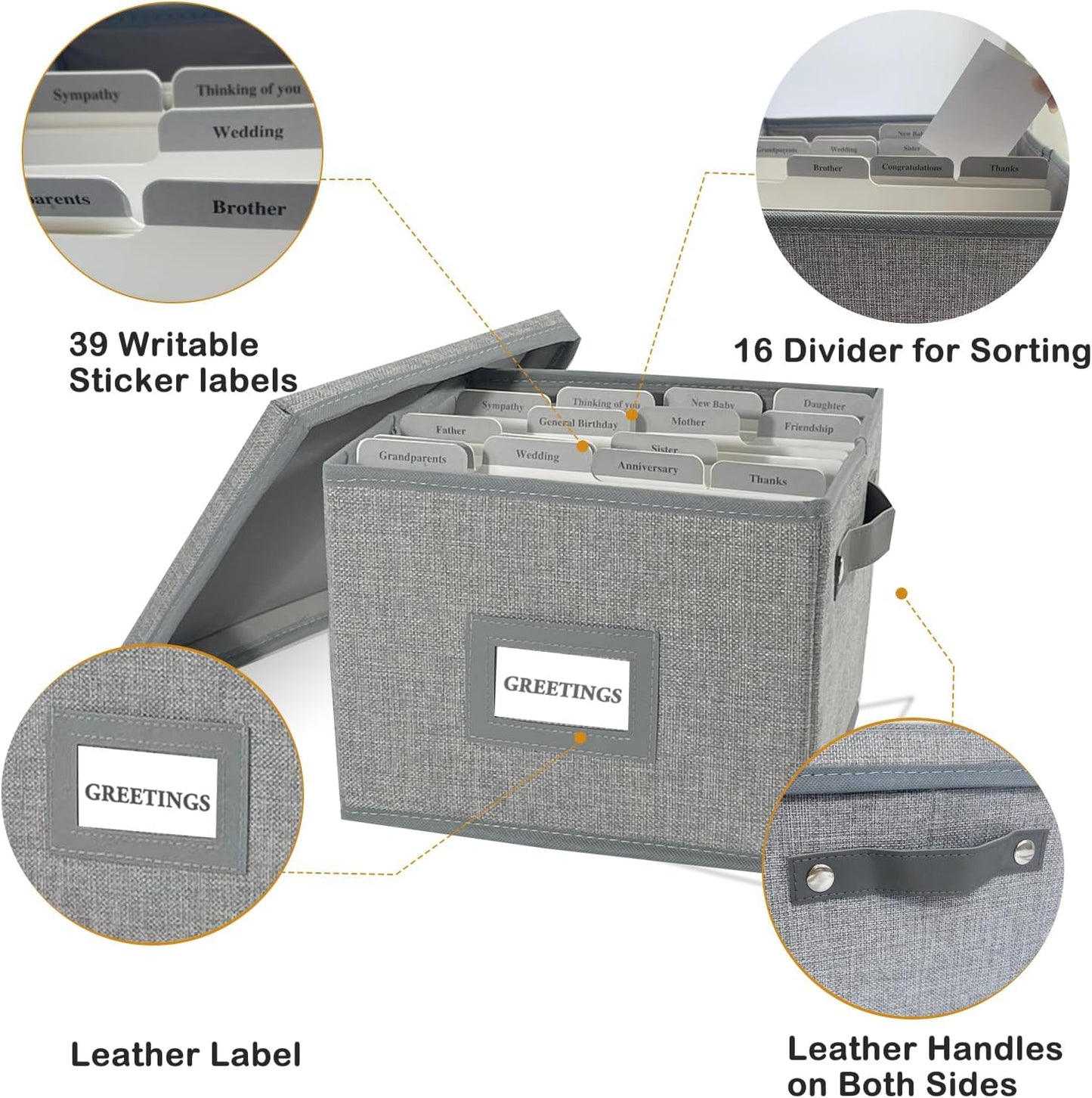 Greeting Card Organizer Box with 16 Dividers,Collapsible Greeting Card Storage Box with Handles Hold 150+ Cards,Greeting Card Holder for Greeting Cards,Sticker, Recipes, Photos, Envelopes,2-Pack