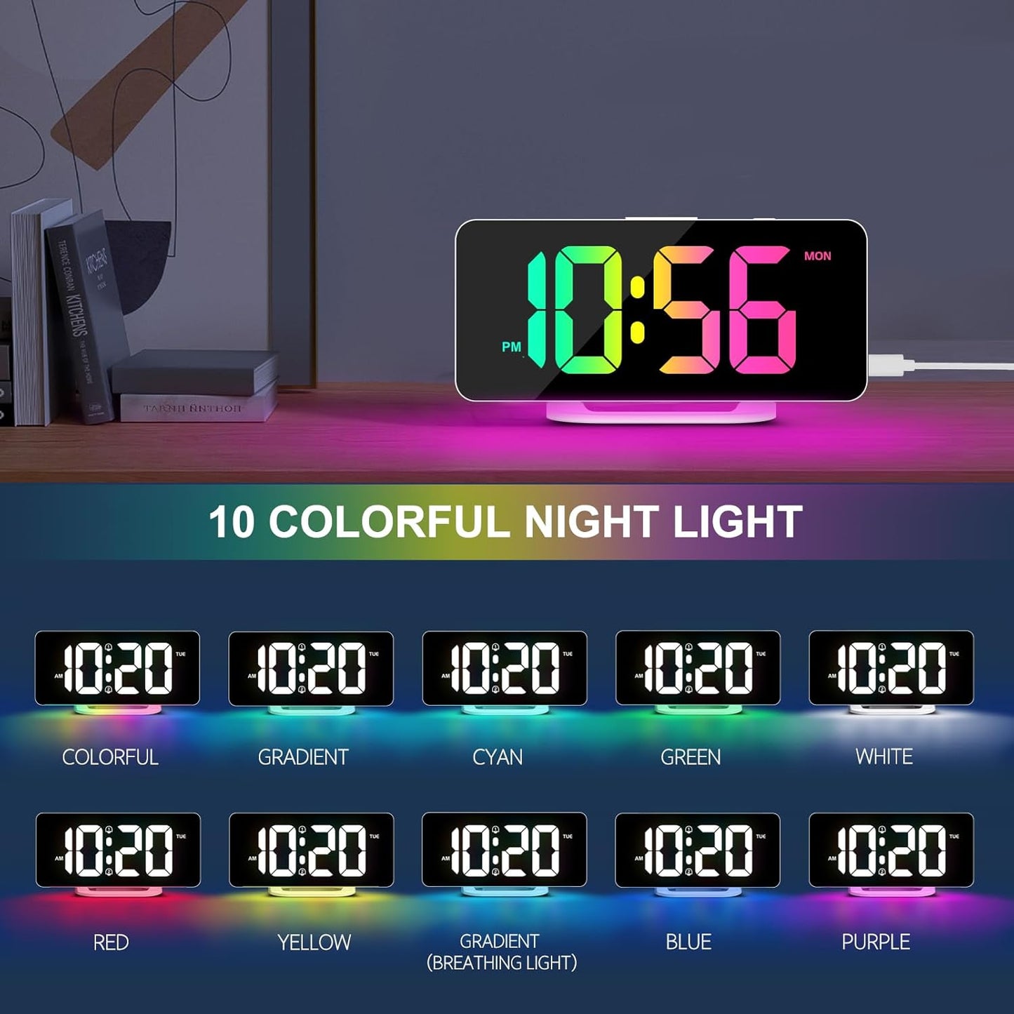 Hournor Digital Alarm Clock, LED Digital Clock for Bedrooms with 10 Color Changing Night Light, Adjustable Brightness, USB Charging Port, Bedside and Desk Clocks for Living Room Office (White)