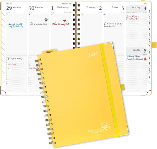 POPRUN 2026 Planner (Large Size 10'' x 8'' Wire-Bound Hard Cover) Daily Weekly and Monthly Calendar - Agenda 2026 (Jan.2026-Dec.2026) with Hourly Schedule, Monthly Tabs - Light Yellow