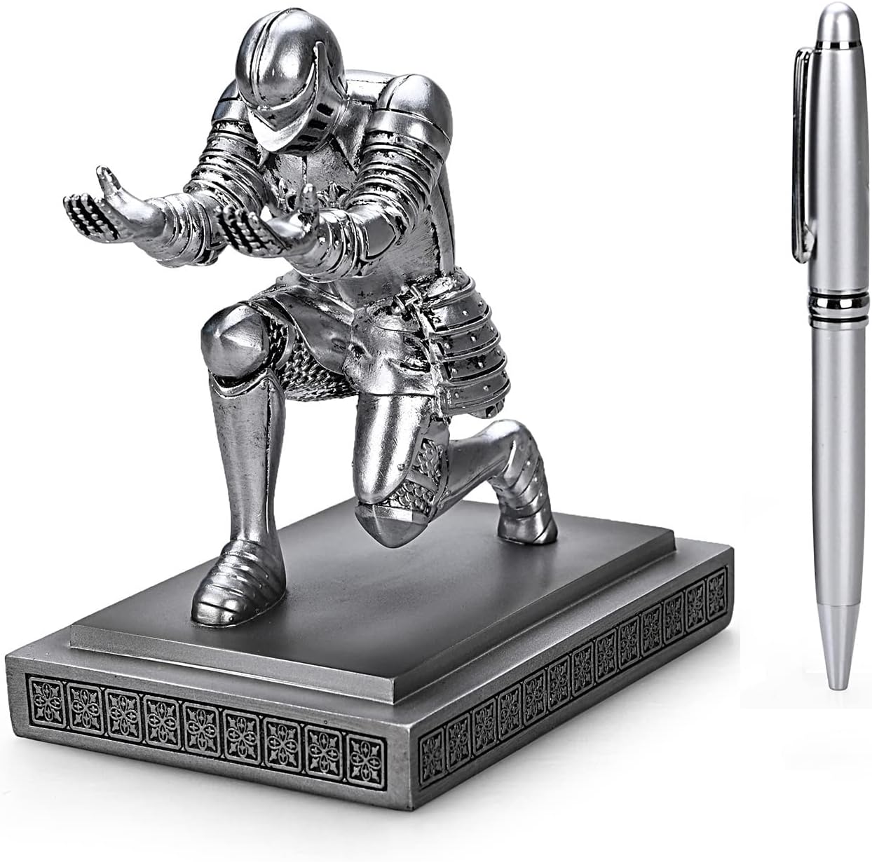Knight Pen Holder Pen Stand Desk Organizers and Accessories Resin Pencil Holder as Gift with a Fancy Pen for Office and Home Desk Organizer (Silver)