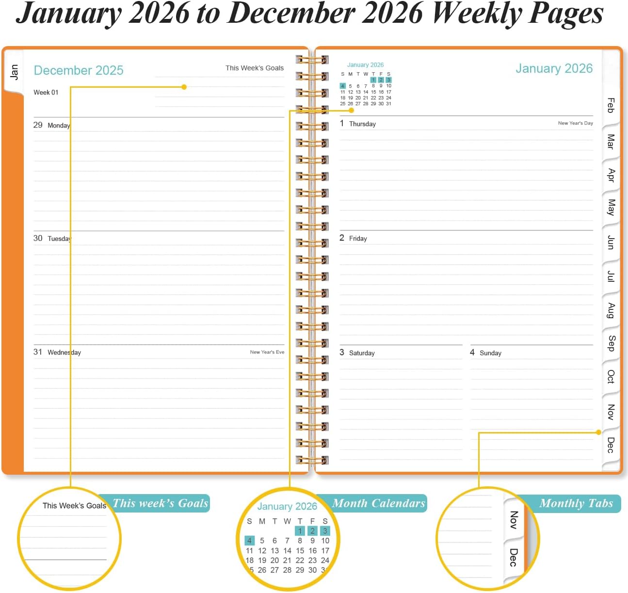 2026 Planner - Planner 2026 from January 2026 - December 2026, Weekly & Monthly Planner Spiral Bound with 12 Monthly Tabs, Inner Pocket, 6.4" x 8.5", Orange-E