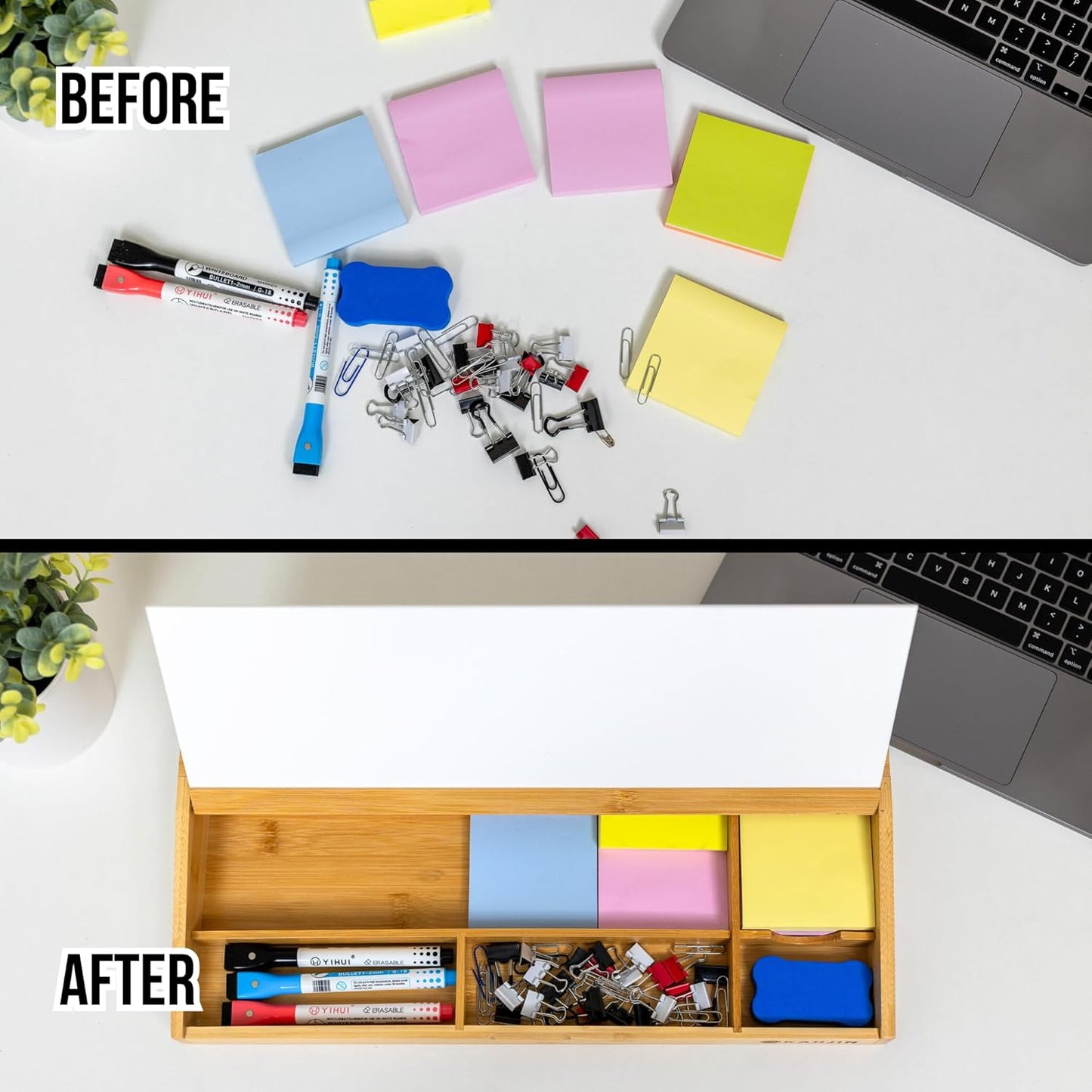 Desk Whiteboard with Storage - 16.2" x 6.7" x 2" with 3 Markers and 1 Eraser, Small Whiteboard for Desk - KAHJIN Natural Bamboo Dry Erase Board with Organizer for Office, Home, or School Essentials