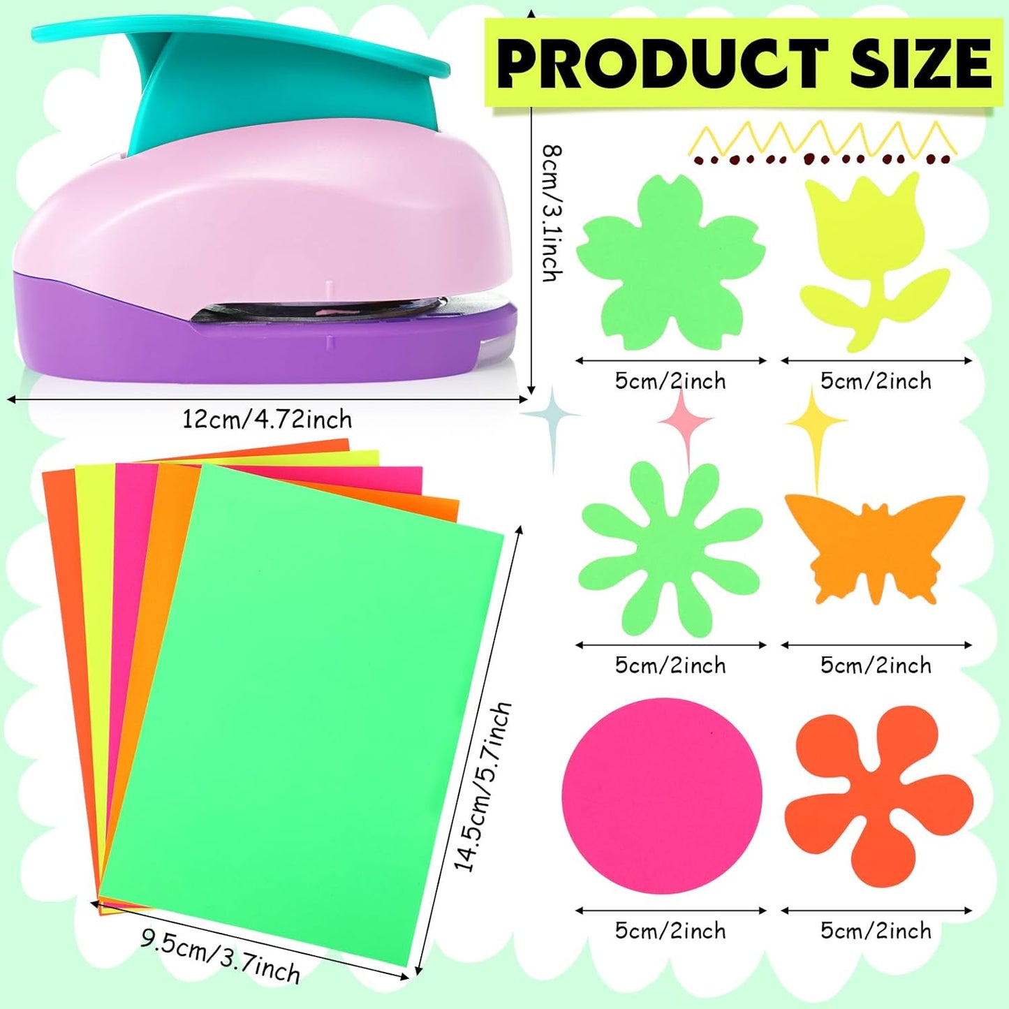 CHENGU 16 Pcs Craft Holes Punch Paper Punchers Scrapbook Punches with Craft Sticker Paper, Round, Star, Square, Heart, Flower, Wave Circle Shape (Flower Style,2 Inch)