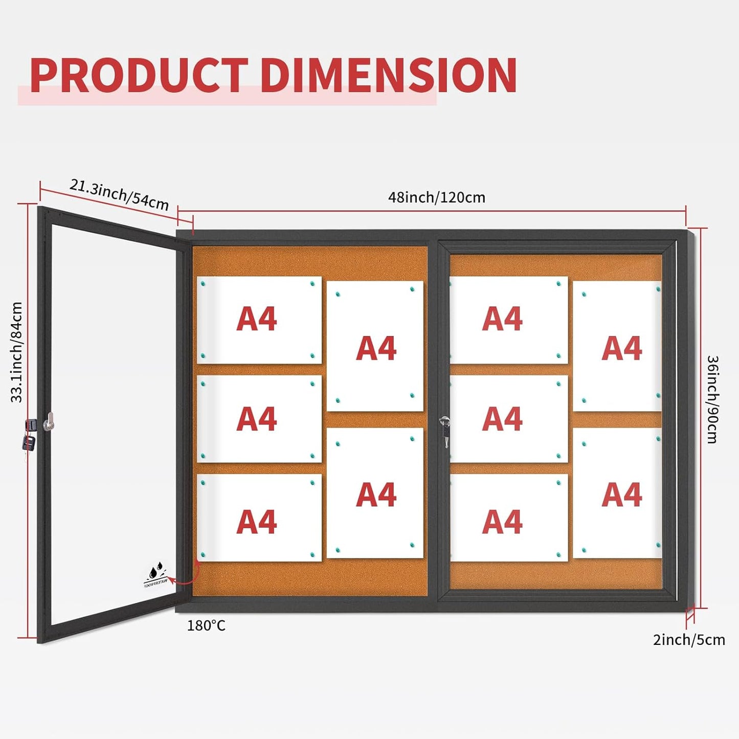 Enclosed Bulletin Board Lockable,Double-Door Weatherproof Outdoor Noticeboard with Locking Door, Wall-Mounted Aluminum Framed Presentation Board, 44x32 Inch (8xA4)