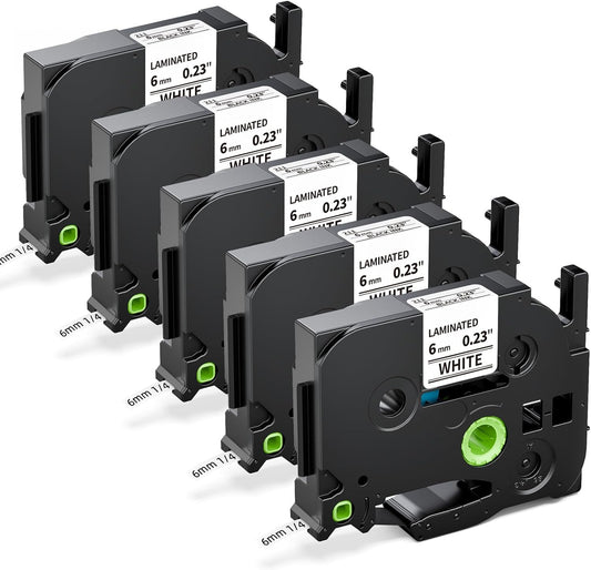 Labelife TZe-211 Label Maker Tape 6mm Compatible with Brother P Touch Label TZe TZ Tape 6mm 0.23 Laminated White 1/4 Inch TZe211 for Ptouch PTD210 PTD220 PTH110 PTD400 PTD600, 5-Pack