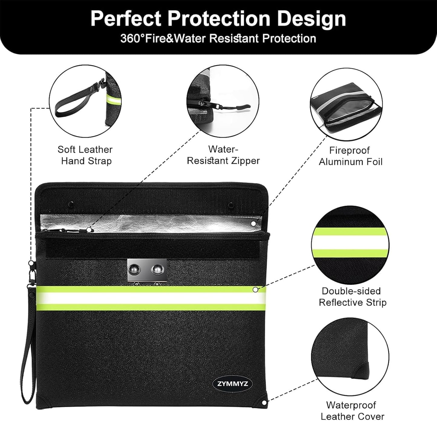 Upgraded Insulated FireProof Money Bag with lock for Cash,6200℉ Fireproof&Waterproof Document Pouch with Water Resistant Zipper Envelopes for Important Documents,Valuables（Not Suitable for A4 Files）