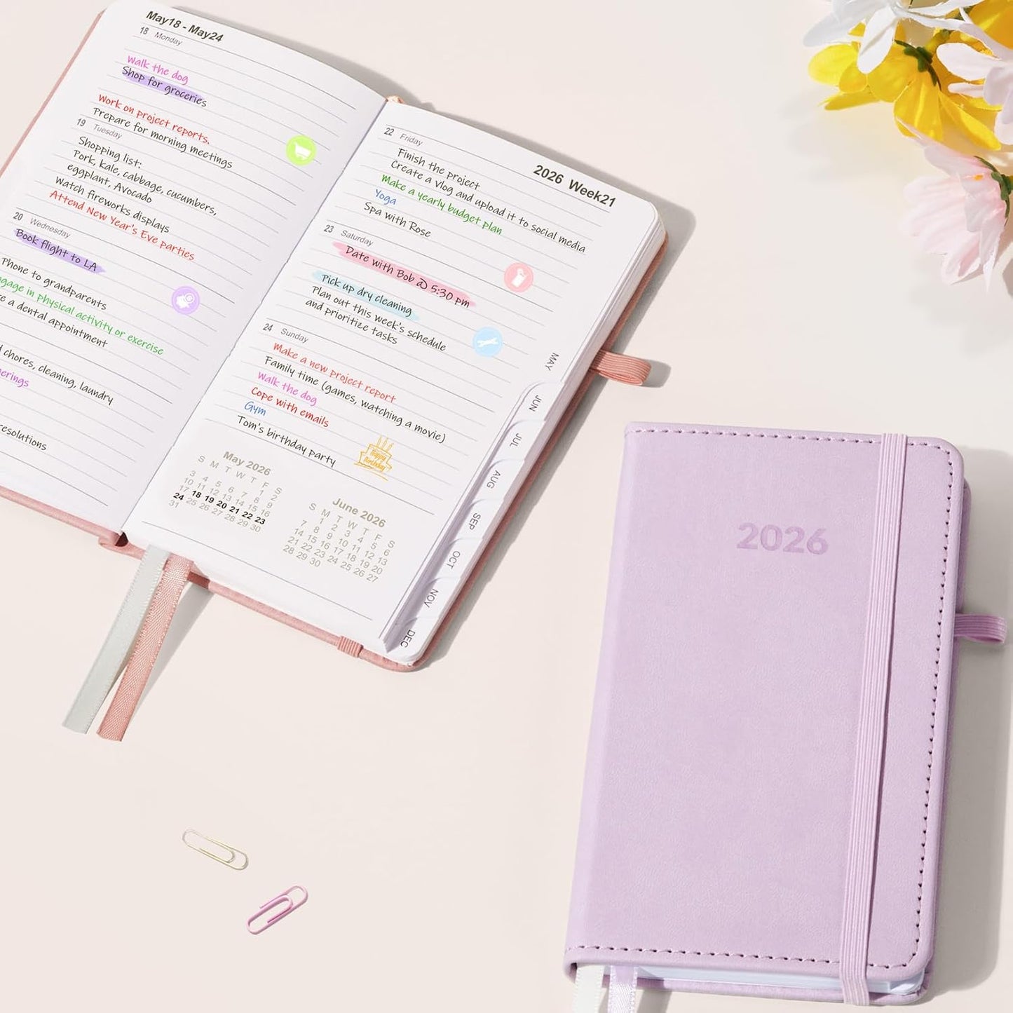 Forvencer Pocket Planner 2026, Weekly Monthly Planners with Month Tabs for Purse, 3.5" x 6", Jan 2025-Dec 2026, Cute Small Daily Academic Calendar, Elastic Band, Hardcover Agenda for Women, Teacher