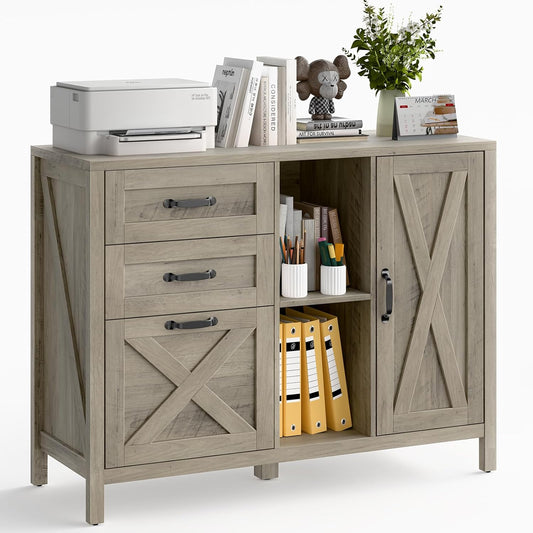 Lateral File Cabinet with 3 Drawers and Door, Farmhouse File Cabinet with Adjustable Shelf for Letter/A4 Size Hanging Files, Printer Stand with Storage Cabinet for Home Office Furniture, Grey