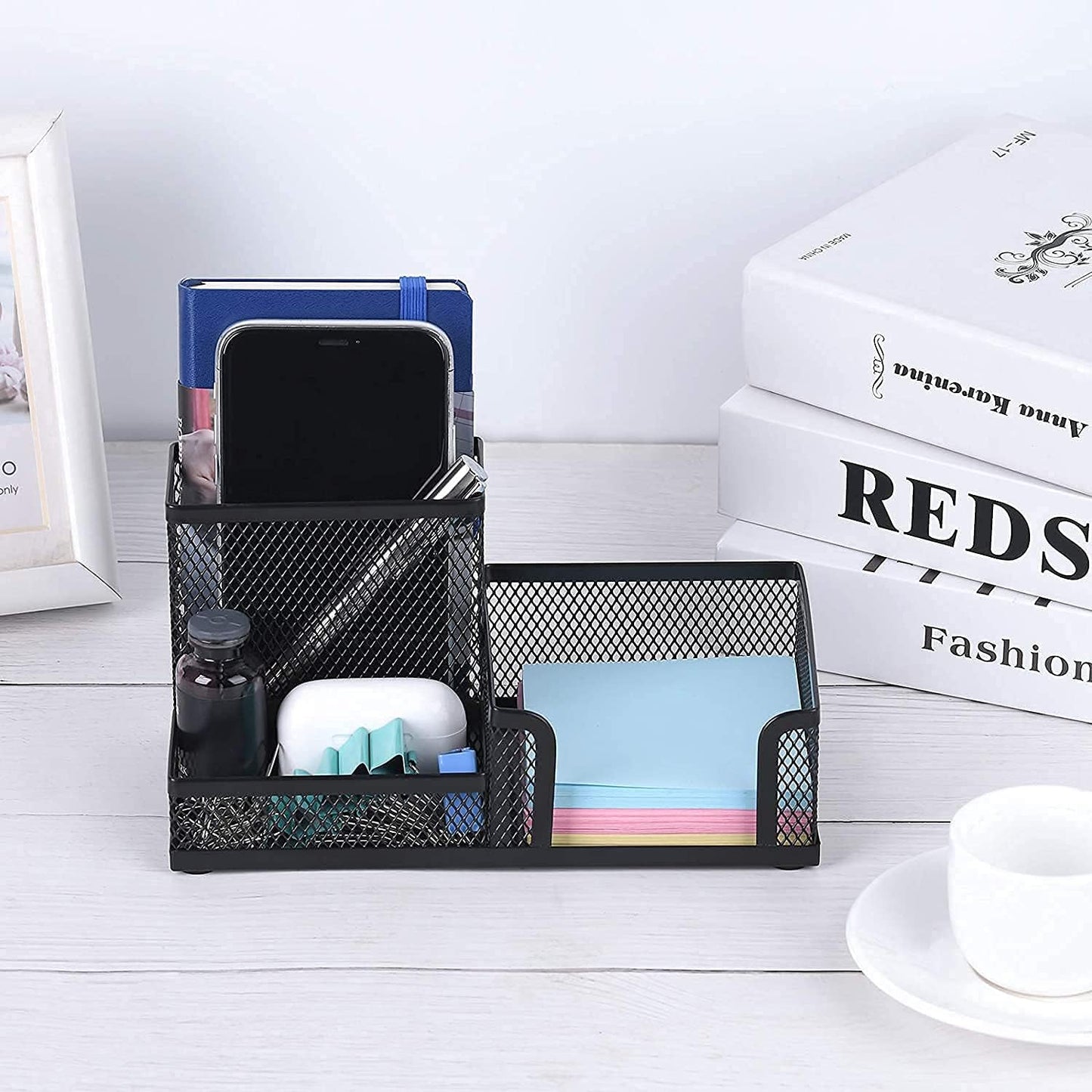 Desk Pencil Holders Desk Organizer Office Supplies Caddy with Sticky Notes Holder for Office School Home 3 Compartments Black