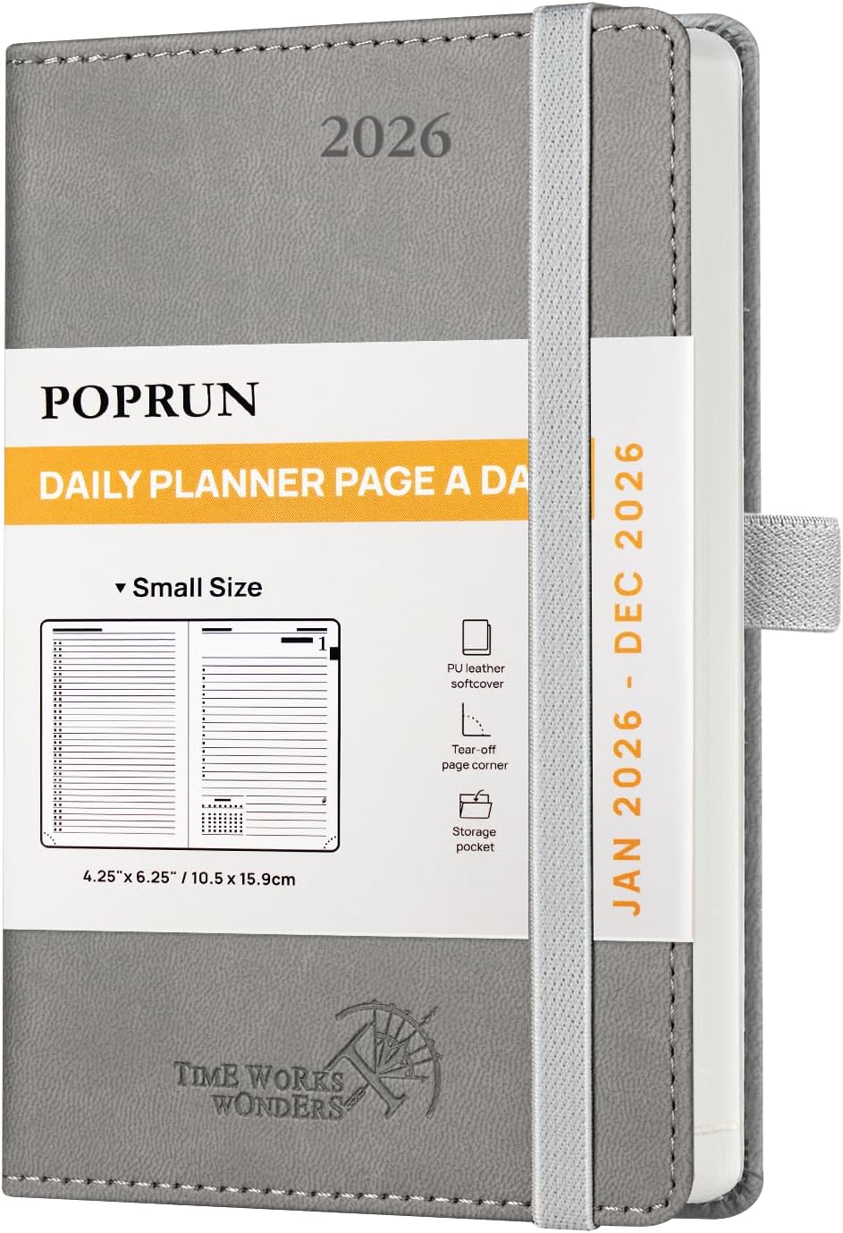 POPRUN Daily Planner 2026 (Jan - Dec), (Purse Size-4.25" x 6.25") 2026 Daily Calendar with One Page Per Day Even Weekends, Hourly Appointment Book with Pocket, PU Leather Softcover - Grey