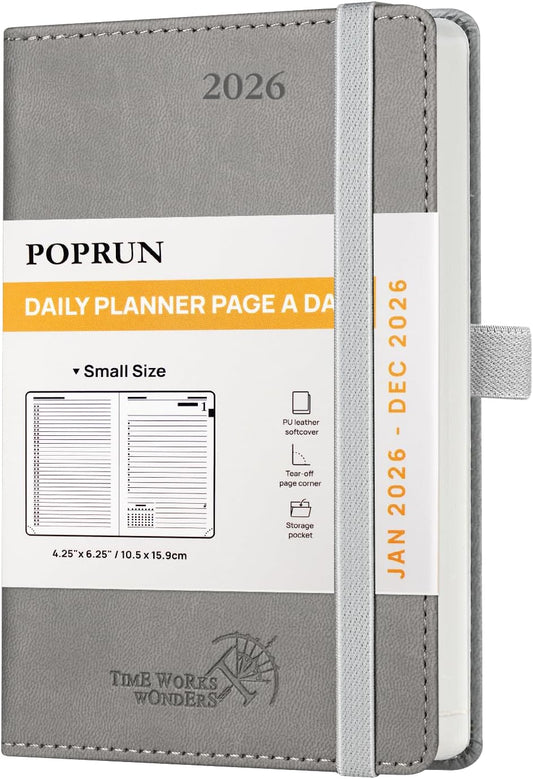 POPRUN Daily Planner 2026 (Jan - Dec), (Purse Size-4.25" x 6.25") 2026 Daily Calendar with One Page Per Day Even Weekends, Hourly Appointment Book with Pocket, PU Leather Softcover - Grey