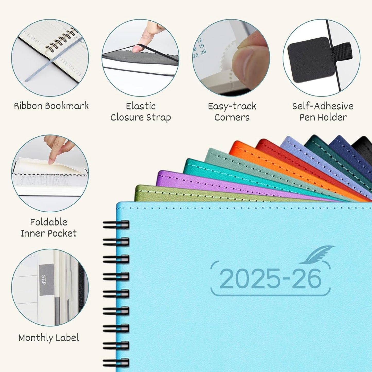 BEZEND Pocket Planner 2025-2026 Weekly and Monthly, 3.5" x 6" Academic Planner (Jul 25-Dec 26) 18-Month Mid-Year Calendar Book, Storage Pocket, Pen Holder, PU Leather Softcover, Spiral - Turquoise