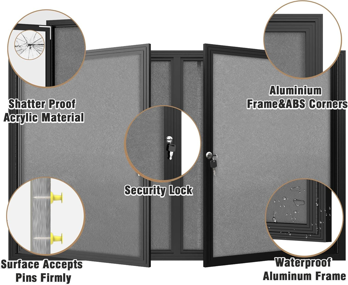 48"x30" Enclosed Bulletin Board, Outdoor Lockable Weather-Resistant Aluminum Cork Noticeboard for School & Office, Black Frame w/Grey Flet