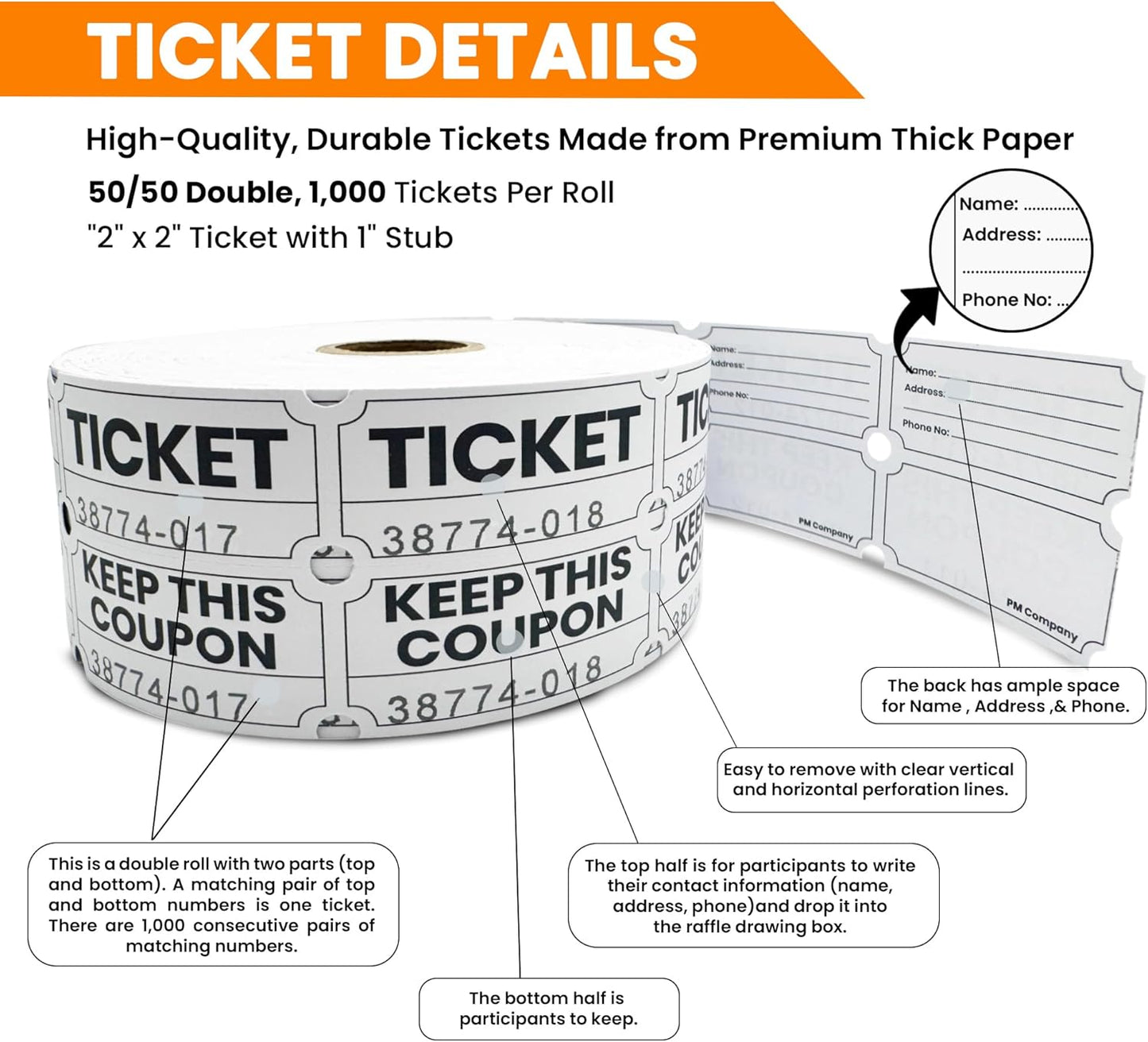 Pm Company 1000 White Raffle Tickets Double Roll, 50/50 Raffle Tickets for Events, Carnivals, Fundraisers, Classroom Rewards, and Prizes - Premium Quality