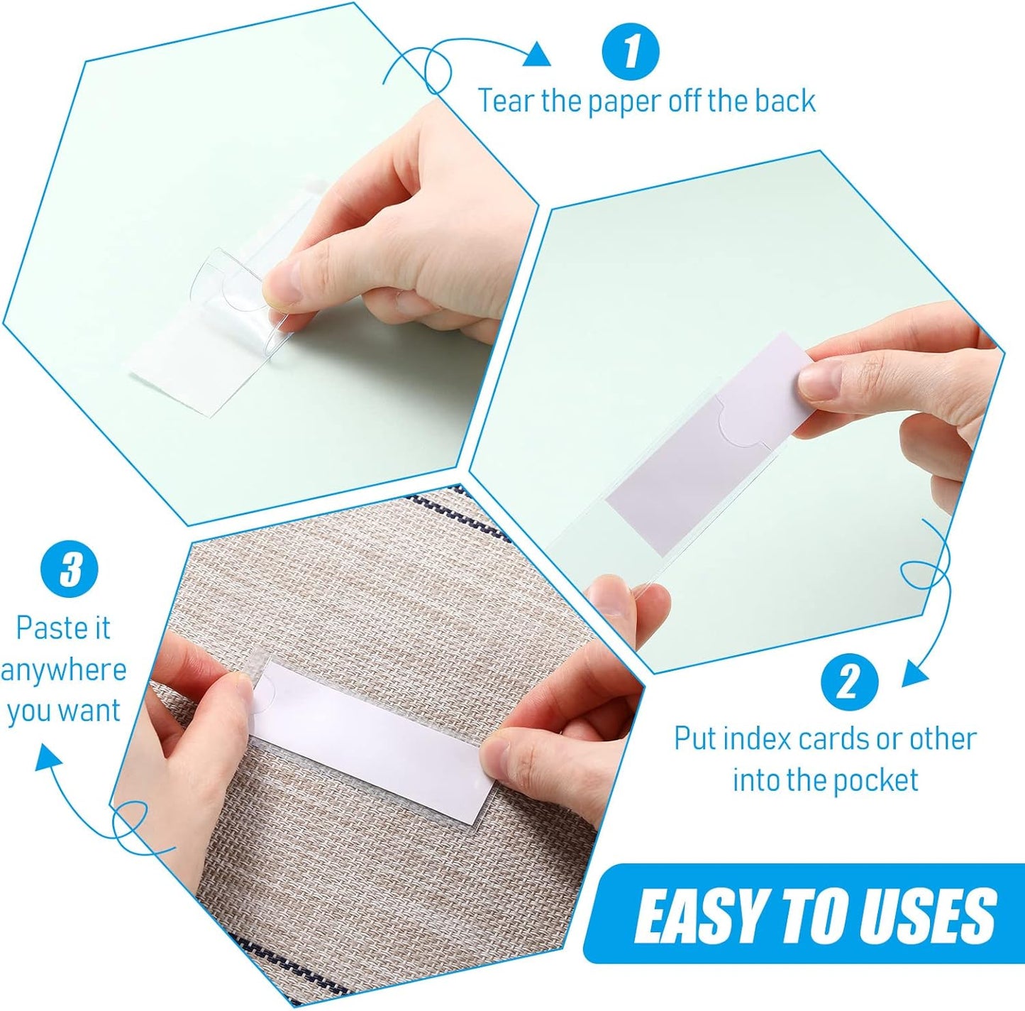 Chinco 50 Pack Clear Adhesive Pockets, Labels for Storage Bins, Plastic Self Adhesive Index Card Holder with Top Open for Organizing Bins Box Drawer(1.2 x 3.35 Inches)