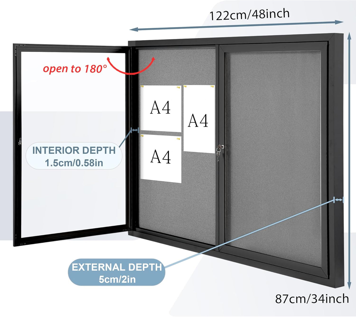Enclosed Bulletin Board Outdoor Noticeboard with Locking Door, Weather-Resistant, Grey Felt, Black Aluminum Frame, 48 x 34 in