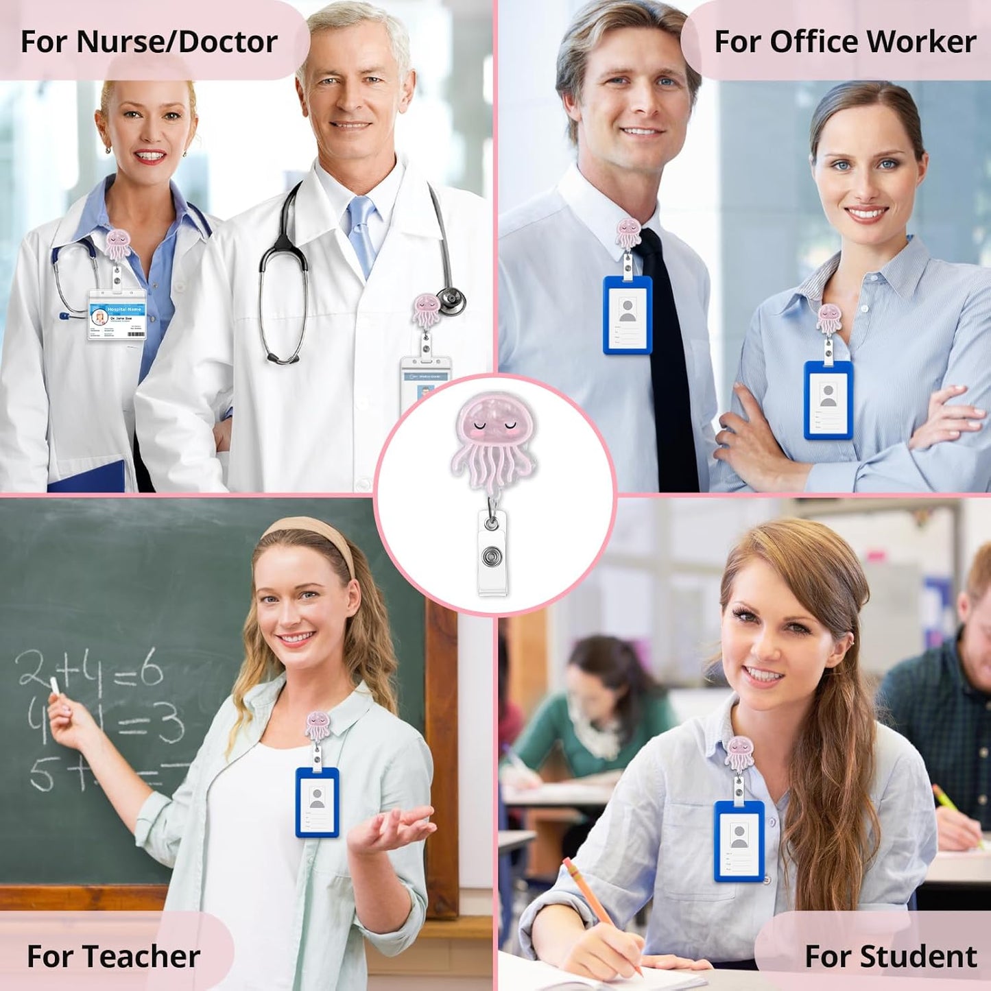 Pink Jellyfish Badge Reel, Cute Badge Holder, Funny Nurse Name Reel with Retractable Clip, Medical Worker ID Card Holders, Pediatric Nursing Accessories for Nurse Doctor Student Teacher Office