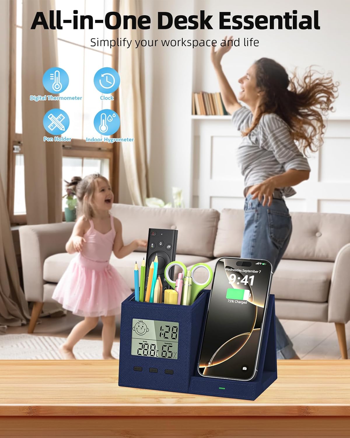 3-in-1 Wireless Charger with Pen Holder, Desk Clocks with Temperature and Humidity, Compatible with iPhone 16/15/14/13/12/11/8Series, Pencil Holder for Desk Home Office, Men Gift Idea Gadget, Blue