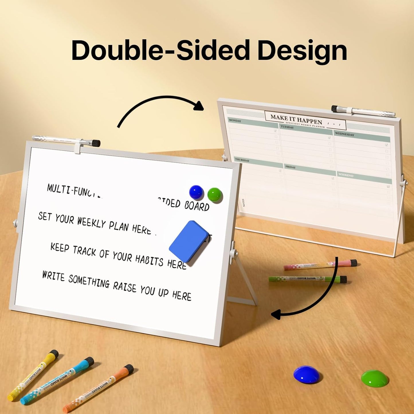 Dry Erase White Board with Stand,Double-Sided Weekly Whiteboard 12"x16",10 Markers,6 Magnets,1 Eraser,Portable Desktop Whiteboard for Planning,Weekly Schedule Board for School for Office