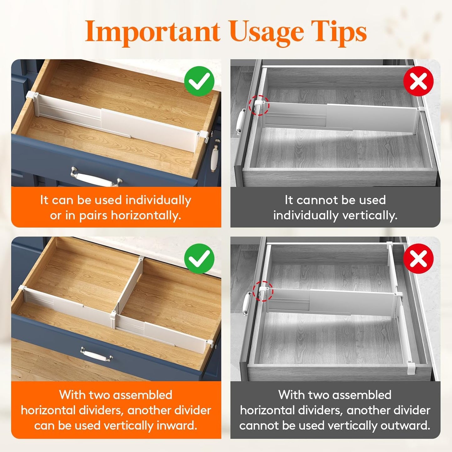 Lifewit Hanging Kitchen Drawer Dividers 3.1" High, 10-17" Adjustable Drawer Organizers for Utensils, Expandable Dresser Separators in Kitchen/Bedroom/Bathroom/Vanity/Office, White(6 Pack)