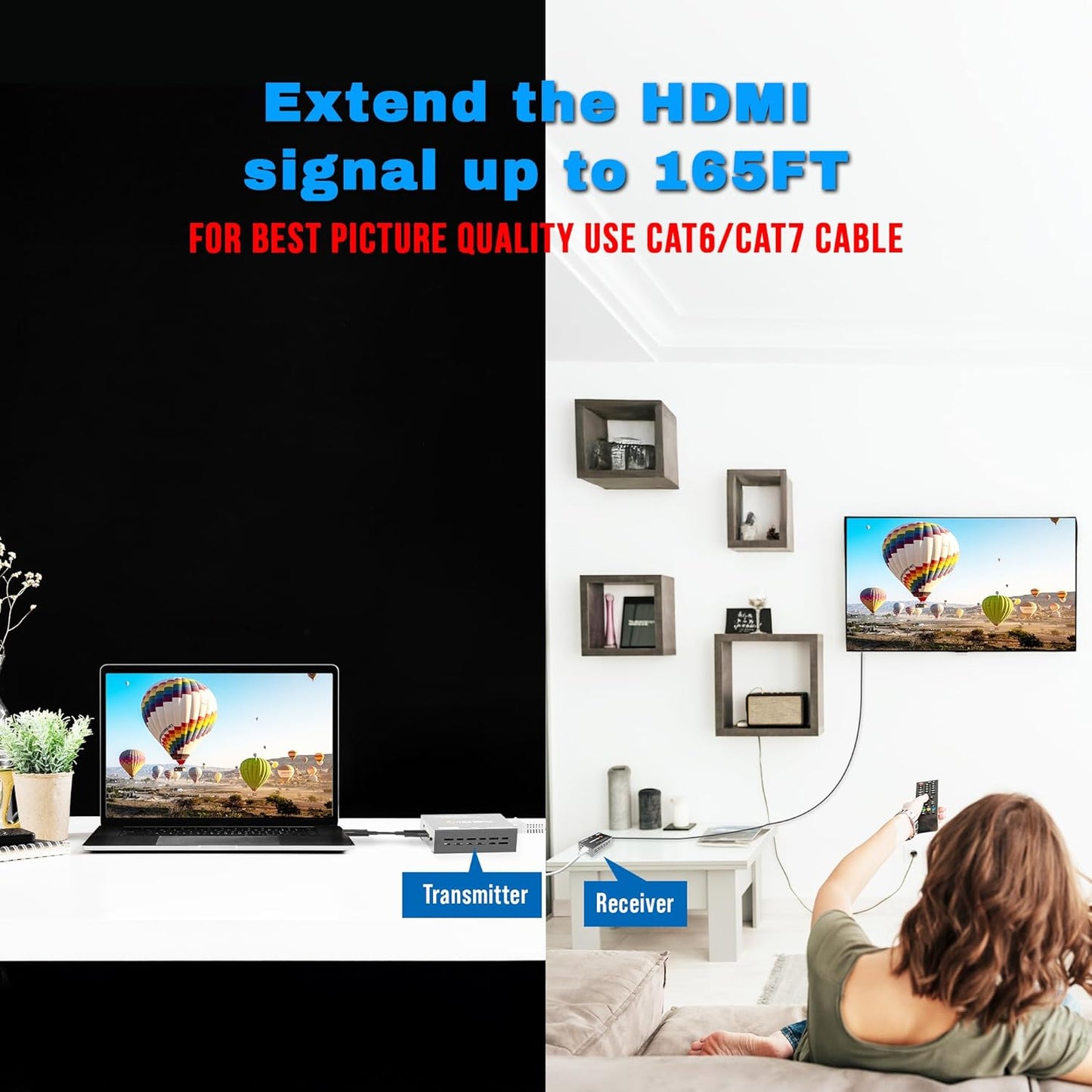 J-Tech Digital HDMI Extender 1080P 60Hz Over Single CAT 5e/6/7 PoC (Power Over Cable) up to 165ft, Deep Color EDID Copy Zero Signal Loss [JTD-HDEX-1PV2]