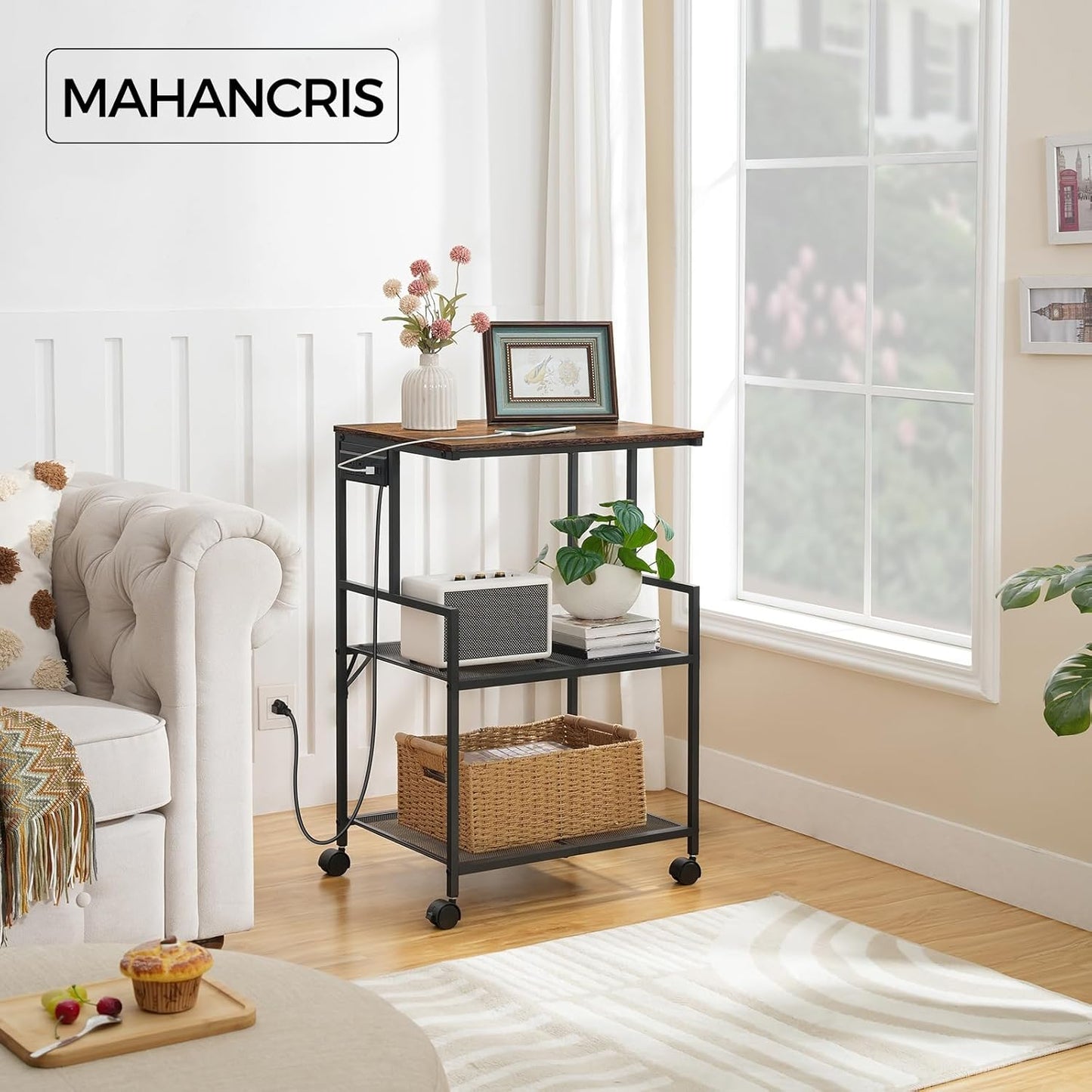 Mobile Printer Stand, 3-Tier Industrial Printer Cart with Power Outlets and 2 USB Ports, Rolling Printer Table on Wheels for Home Offices Kitchen Organization Rack, Rustic Brown PTHR78E01