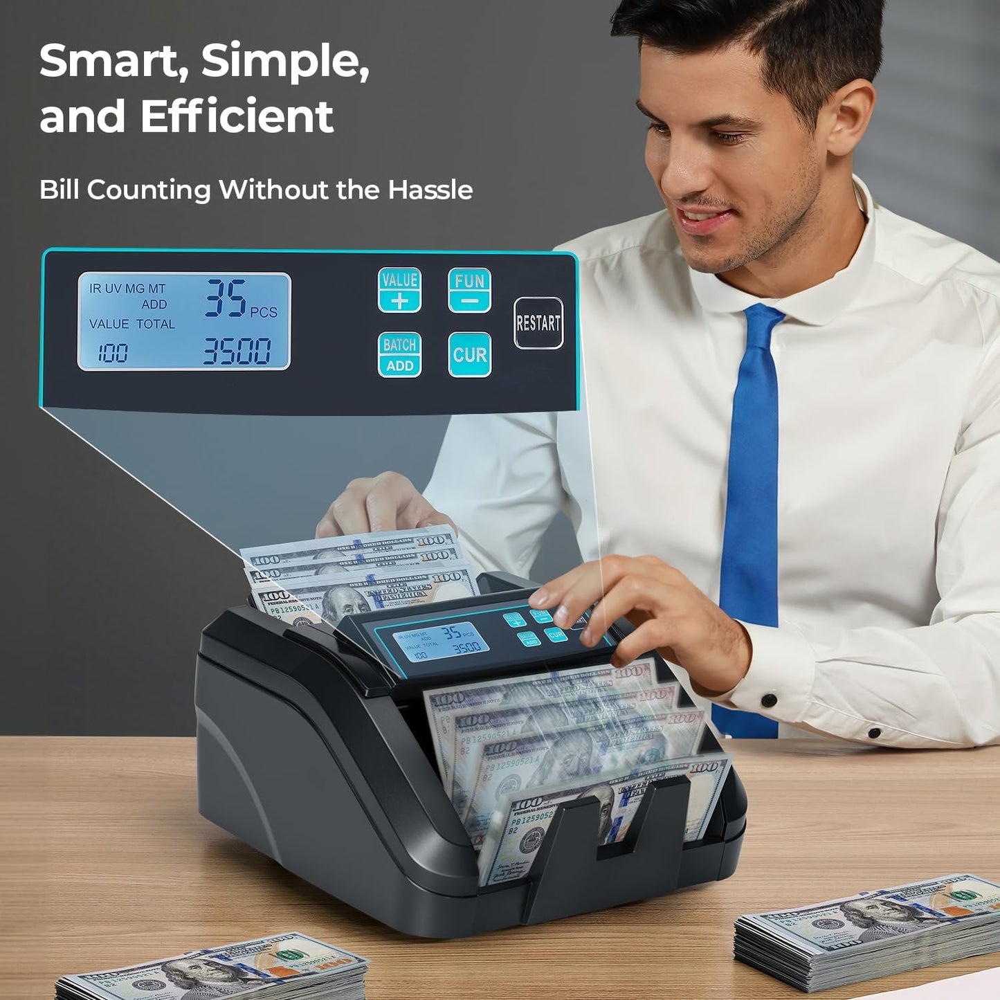 MUNBYN IMC51 Money Counter Machine Count Value, Add+Batch/Add+ Value Mode Bill Counter, UV/MG/IR/MT Detection, USD only Cash Counter,1100 Bills/min, Money Counting Machine with LCD Display (Black)