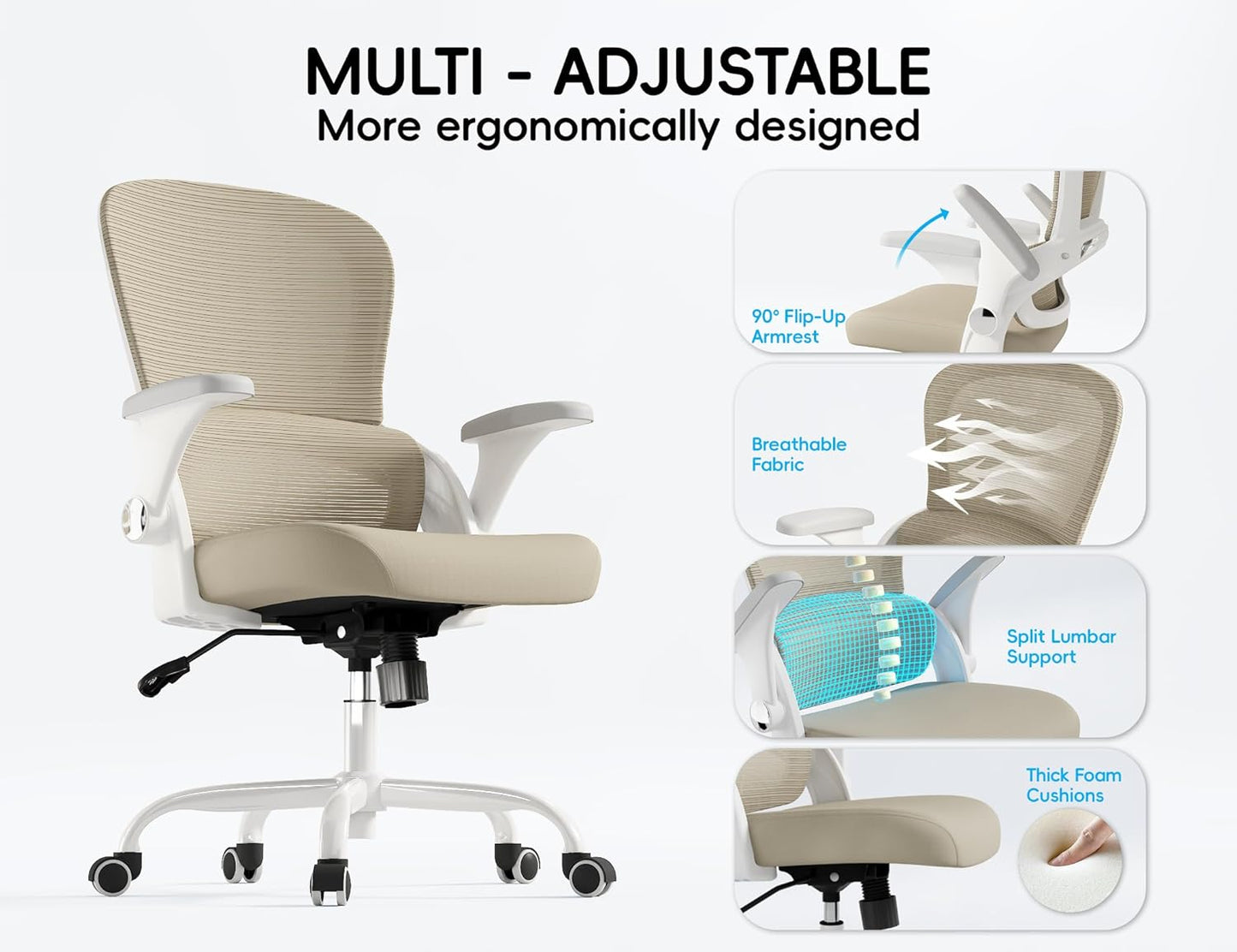 TRALT Office Chair - Ergonomic Office Chair with Back Support, Home Office Desk Chairs, Comfy Desk Chair, Computer Chair, 330lbs Wide Seat Big and Tall Office Chairs for Office Workers (Beige)