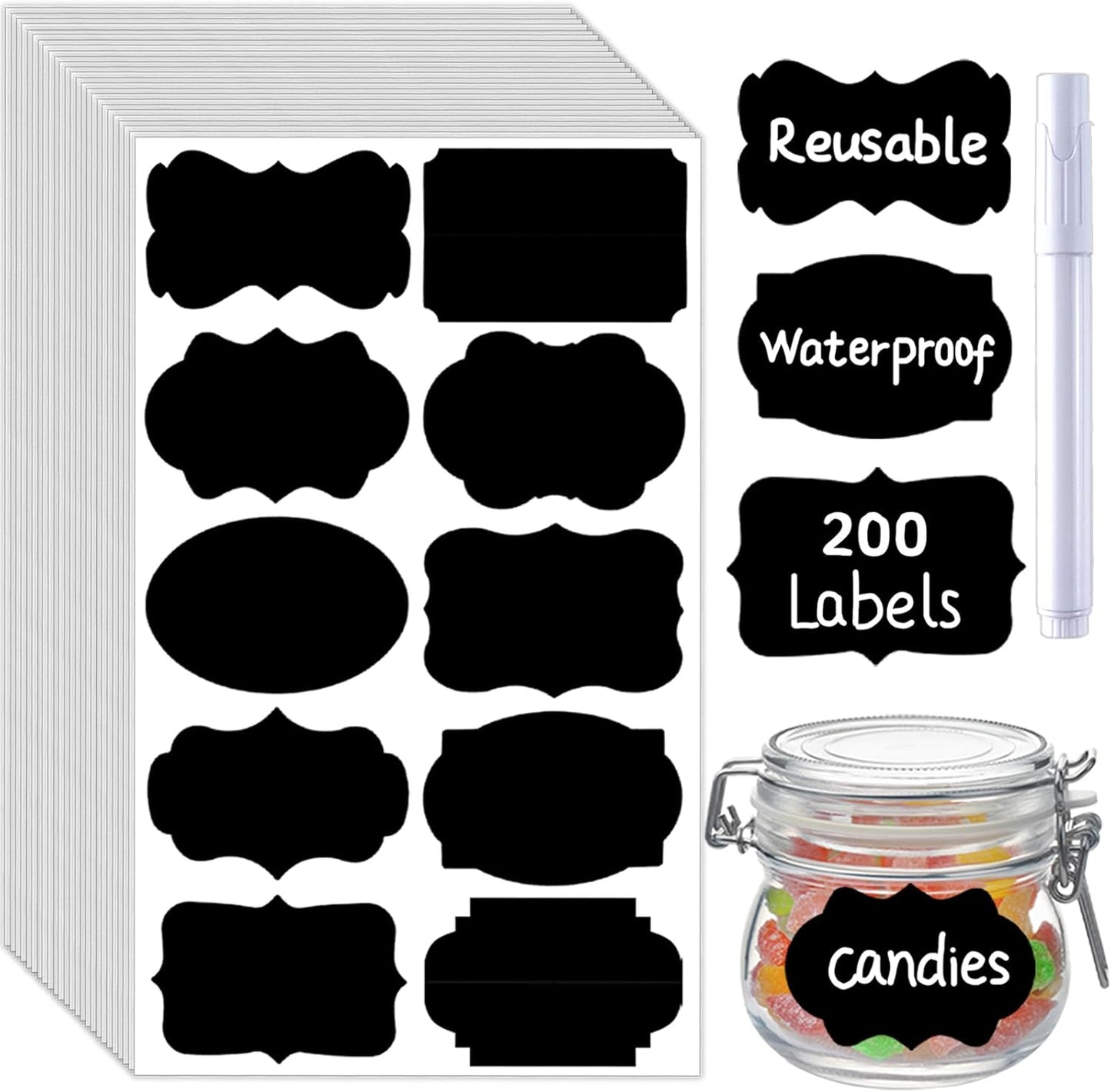 200 Pcs Chalkboard Labels,Reusable Labels with 1 Liquid Chalk Markers Removable Labels,Suitable for Mason Jars Storage Boxes Food Containers Storage Jars Kitchen Food Spice Storage(Black)