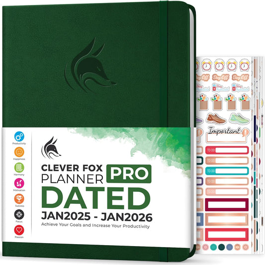 Clever Fox Planner PRO Dated (Jan 2025–Jan 2026) Weekly & Monthly Life Planner to Increase Productivity, Time Management and Hit Your Goals – Organizer, Gratitude Journal – A4 Size (Forest Green)
