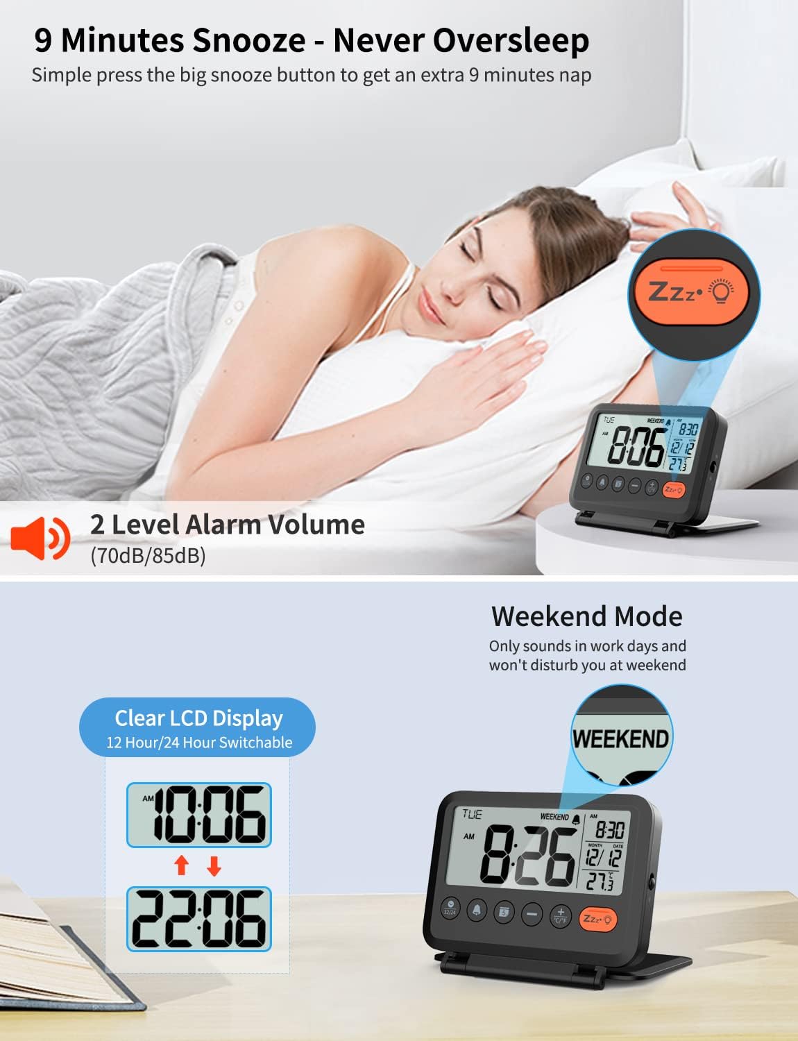 Digital Travel Alarm Clock, Black, 3.54 inch LCD Display, 9-Minute Snooze, 2 Volume Levels, Backlight, Battery Included