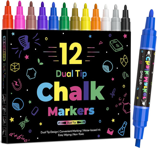 12 Dual Tip Liquid Chalk Markers - Erasable Chalk Markers for Blackboard, Chalkboard Signs, Glass, Chalk Pens Wet Erase Makers for Bar Menu, Shcool,Wedding Sign, Just Married Car Windows Decorations