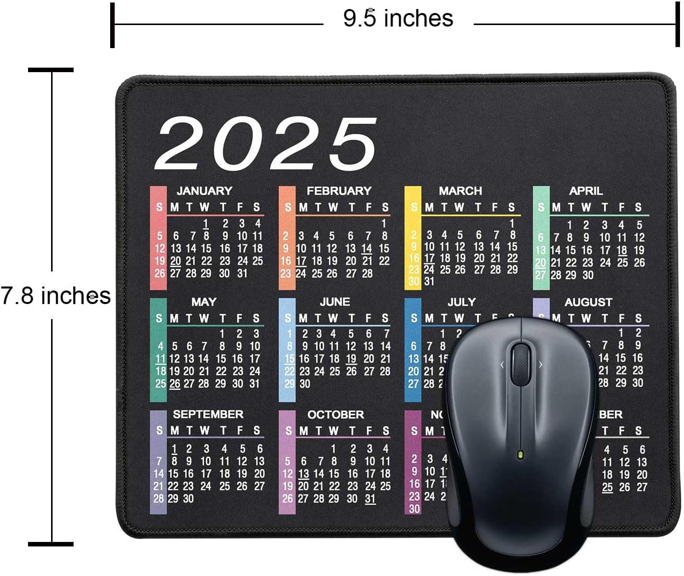 Mouse Pad with Non-Slip Rubber Base, Waterproof Computer Mousepad with Stitched Edges, Mouse Pads for Computers, Laptop, Gaming, Office & Home, 9.5 x 7.8 in (2025 Calendar Jet Black)