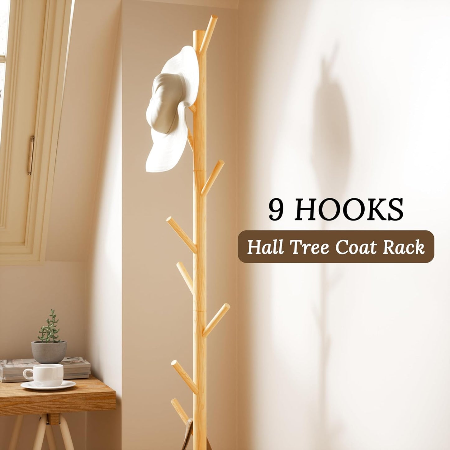 Wooden Coat Rack Freestanding with Round Base, Adjustable 4 Heights Sturdy Coat Hanger Stand 9 Hooks for Hanging Bags, Hats, Save Space Coat Tree for Narrow Place, Entryway, Bedroom, Office (Natural)