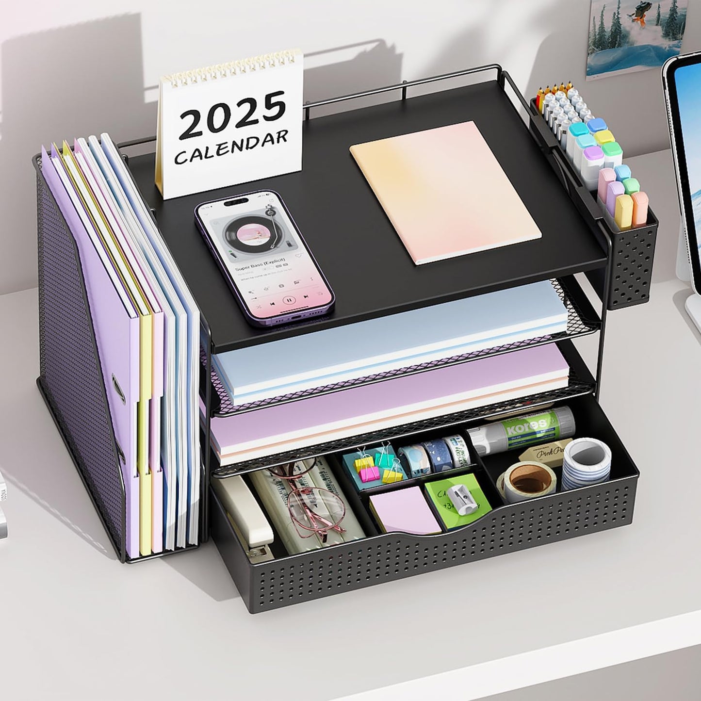 Wood Desk Organizers and Accessories with File Holder, 4-Tier Desk Accessories & Workspace Organizers with Drawer and Pen Holder, Paper Organizer for Office Supplies (Black)