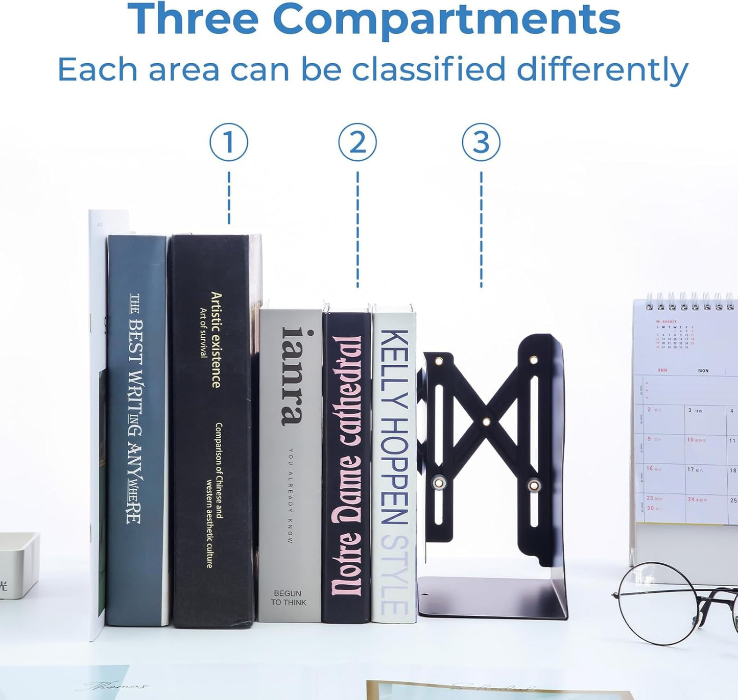 M&G Adjustable Bookends Book Ends for Shelves, Metal Bookend for Heavy Books, Desk Magazine File Organizer Holder Extends up to 20in, Book Stopper for Home, Office, Classroom (Black)