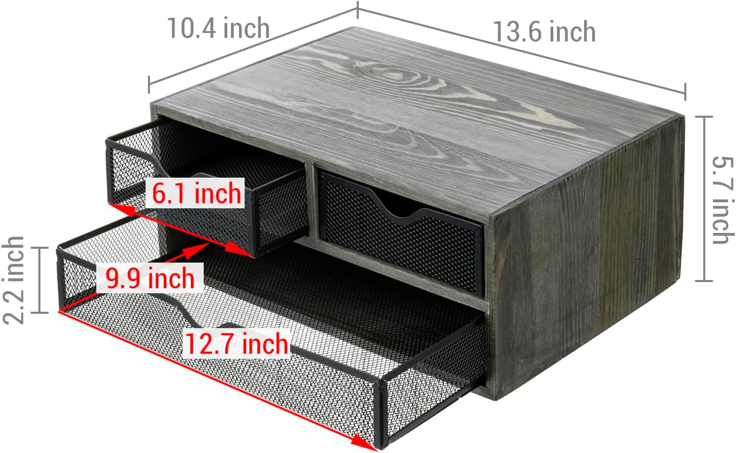 MyGift Vintage Weathered Gray Solid Wood Desktop Organizer Box with 3 Removable Black Metal Mesh Trays, Office Desk Supplies Storage Drawers for Accessories