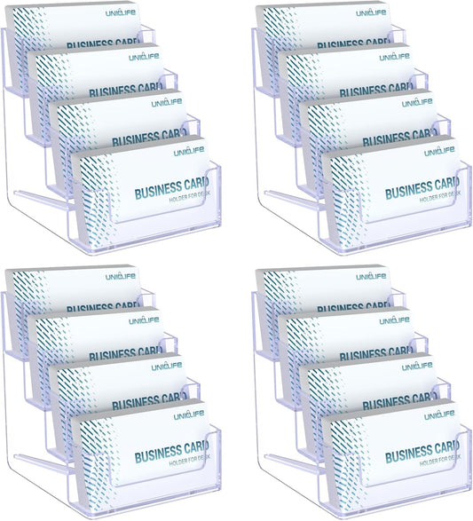 Uniclife 4 Pack Acrylic Business Card Holder for Desk 4 Slots Clear Business Card Display Stand for Men & Women Desktop Business Card Organizer Card Stand for Office Home Exhibition, 240 Card Capacity